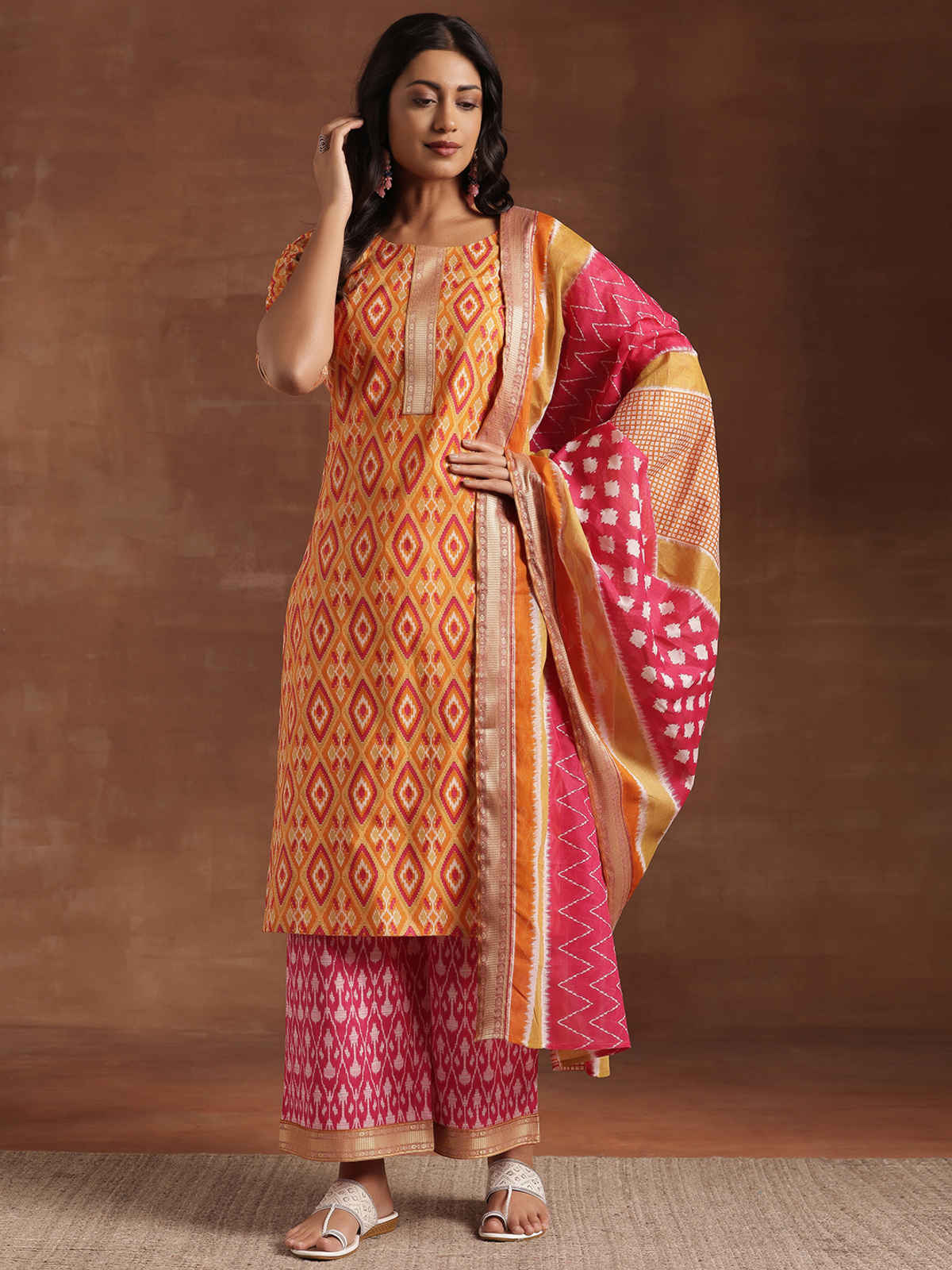 Libas Printed Cotton Straight Suit With Dupatta | 36618H | Orange - S