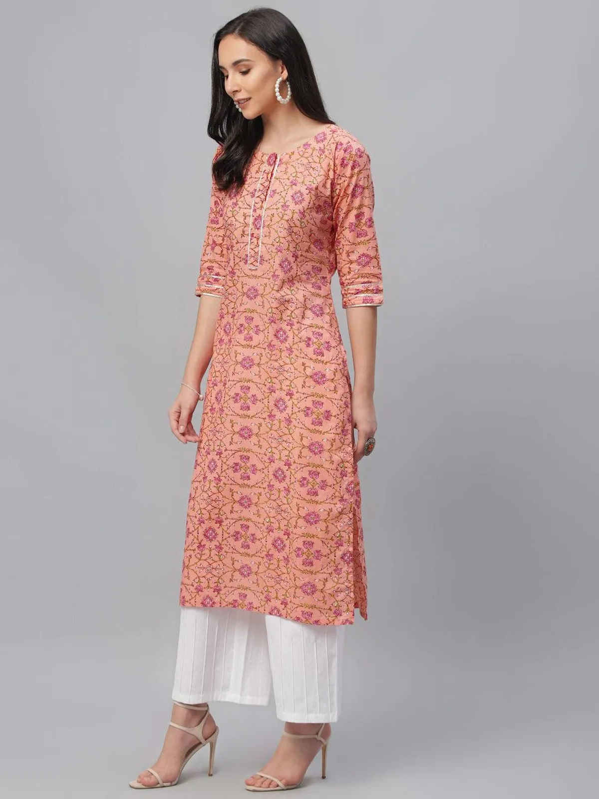 Libas Women Peach Cotton Straight Kurta - 9107FXL