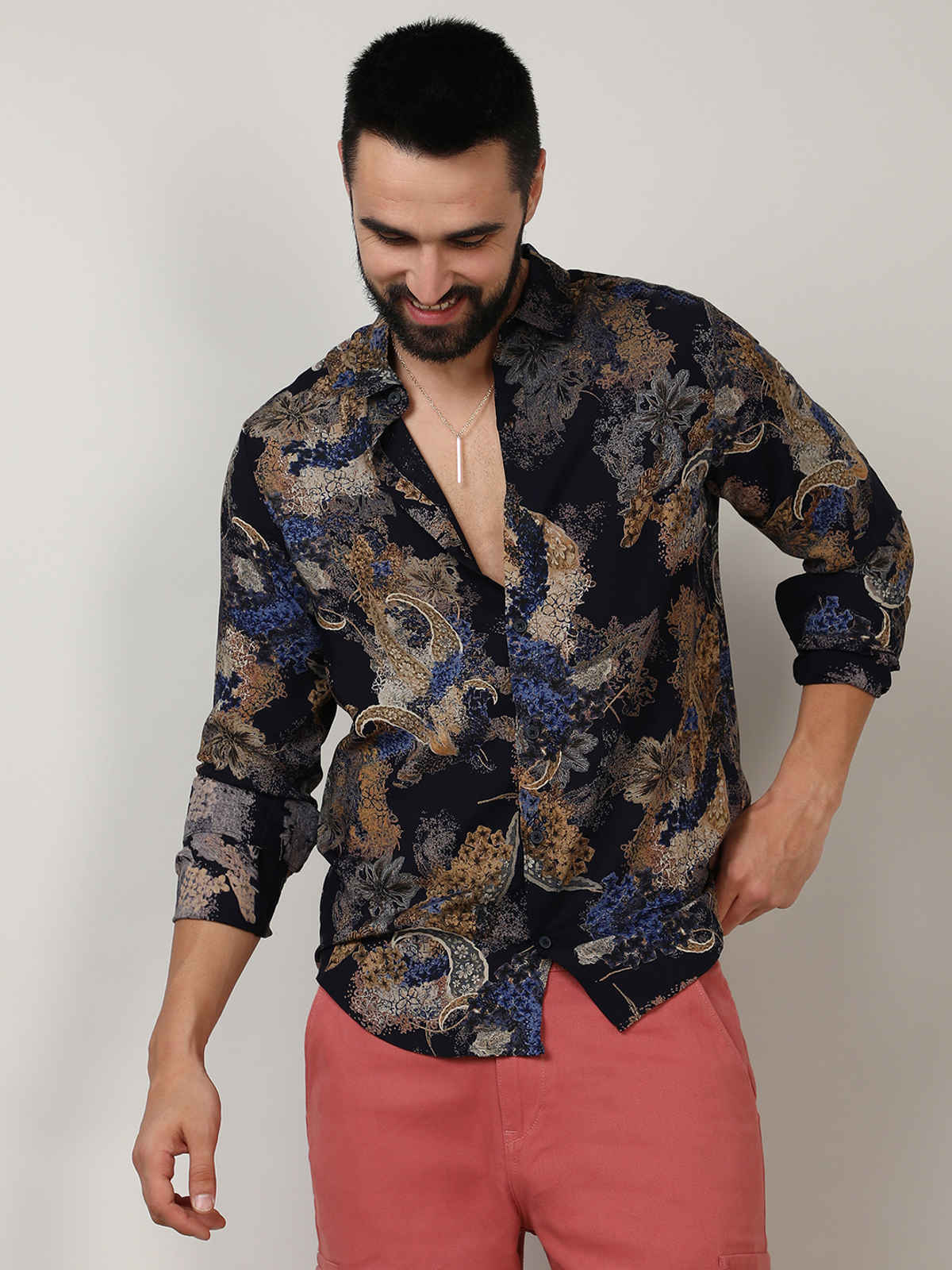 Campus Sutra Men's Paisley Flora Shirt | Royal Blue & Midnight Black - M