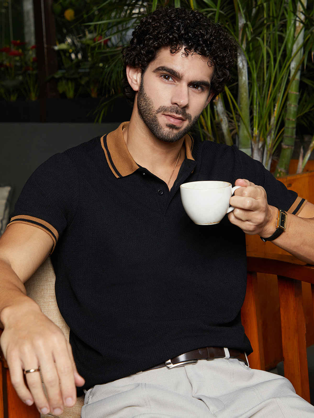 Campus Sutra Men's Cuboid-Stripe Polo T-Shirt | Onyx Black - XL