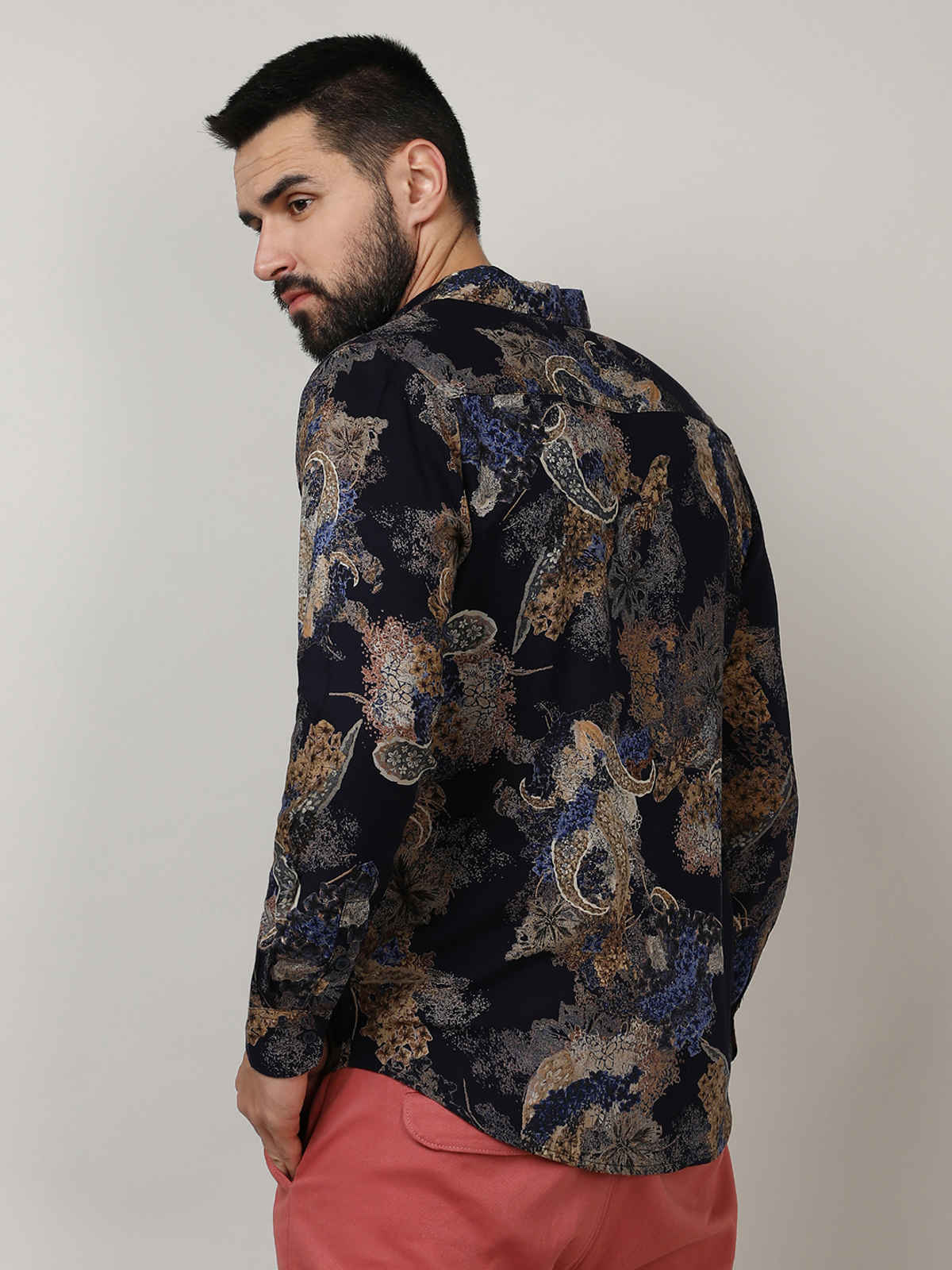 Campus Sutra Men's Paisley Flora Shirt | Royal Blue & Midnight Black - M