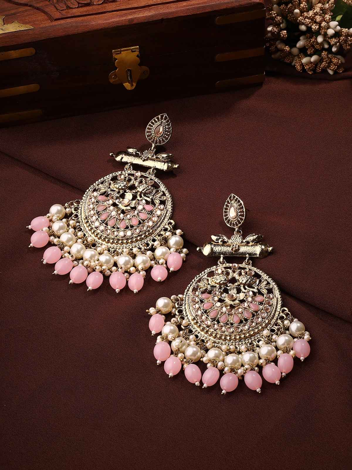 Priyaasi A Radiant Reverie Chandbalis With Mehandi Plating, Pink Stones And Elegant Pearls | One size