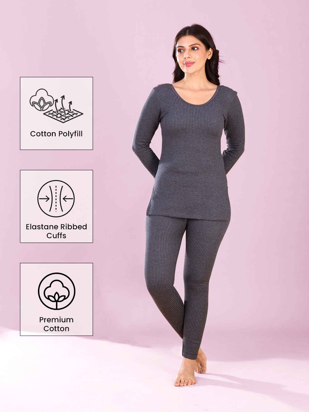 Lux Inferno Long Length Thermal Top For Women | Charcoal | 80 | S