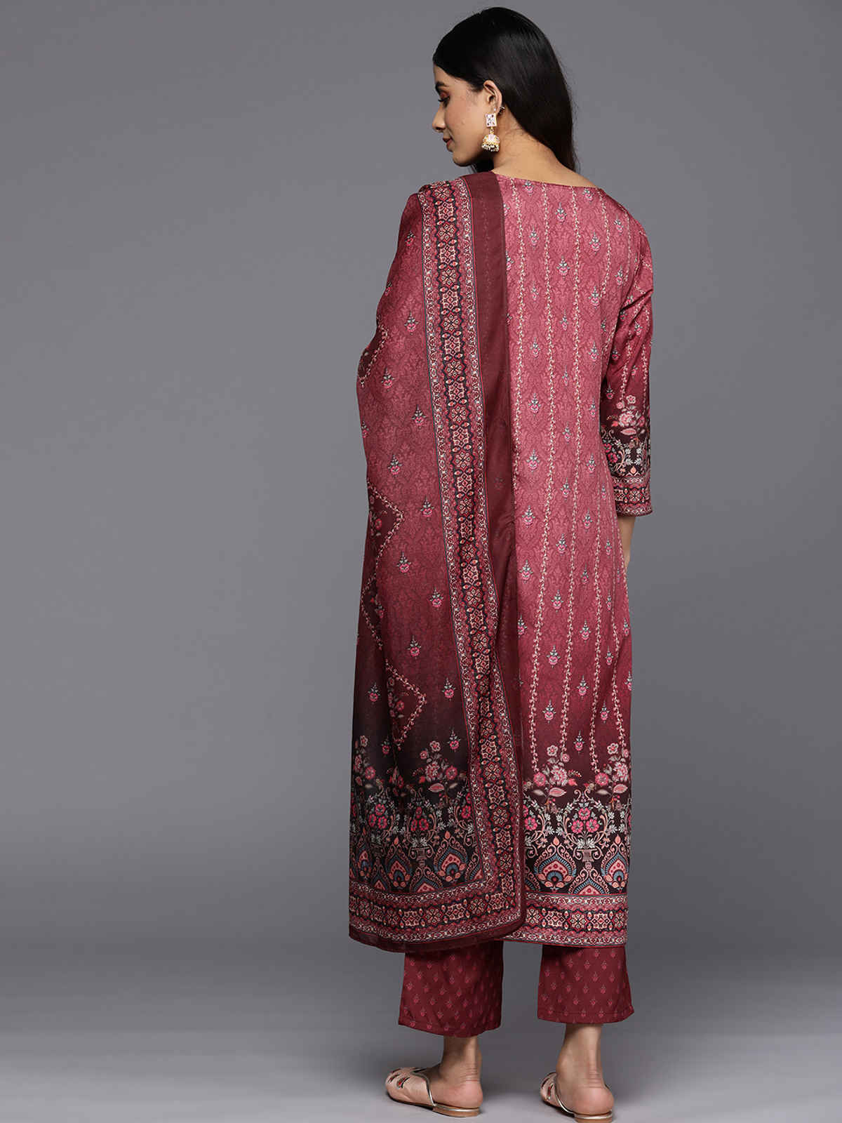 Libas Printed Crepe Straight Kurta With Trousers & Dupatta | 34215R | Maroon - L