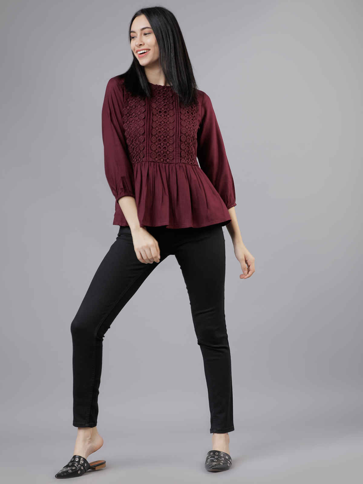 Tokyo Talkies Women's Lace Inserts Peplum Top | Burgundy - M