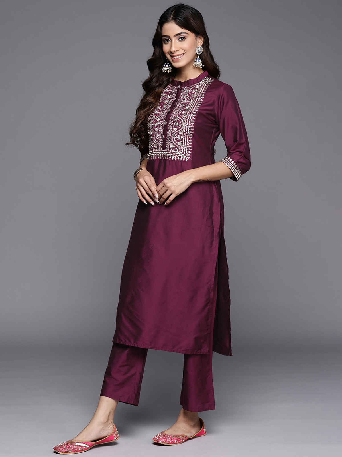 Gerua by Libas Yoke Design Silk Blend Straight Suit With Dupatta | GS805 | Burgundy - S