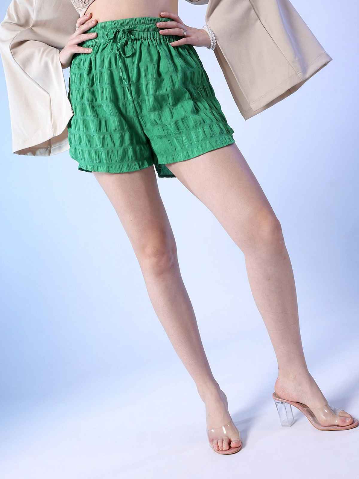Freehand Women's Elasticated Seer Sucker Shorts With Drawstring | Green - 28