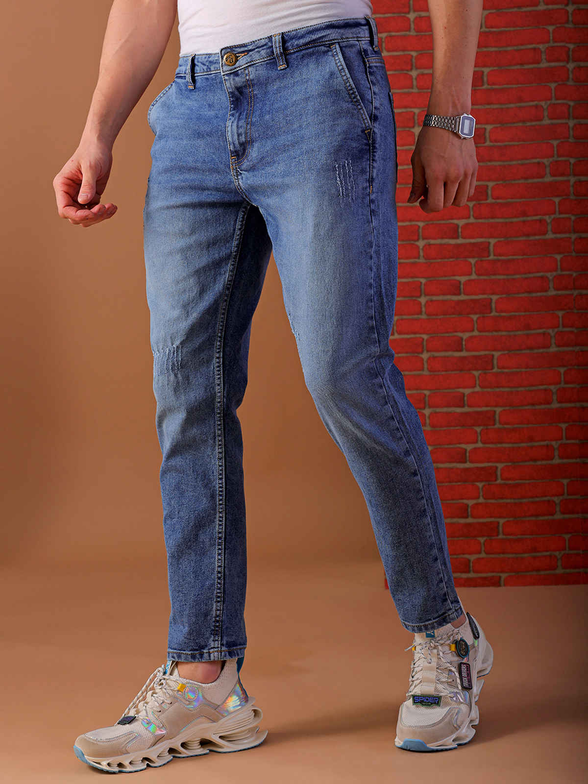 The Indian Garage Co Men's Slim Fit Solid Casual Textured Jeans | Blue - 36