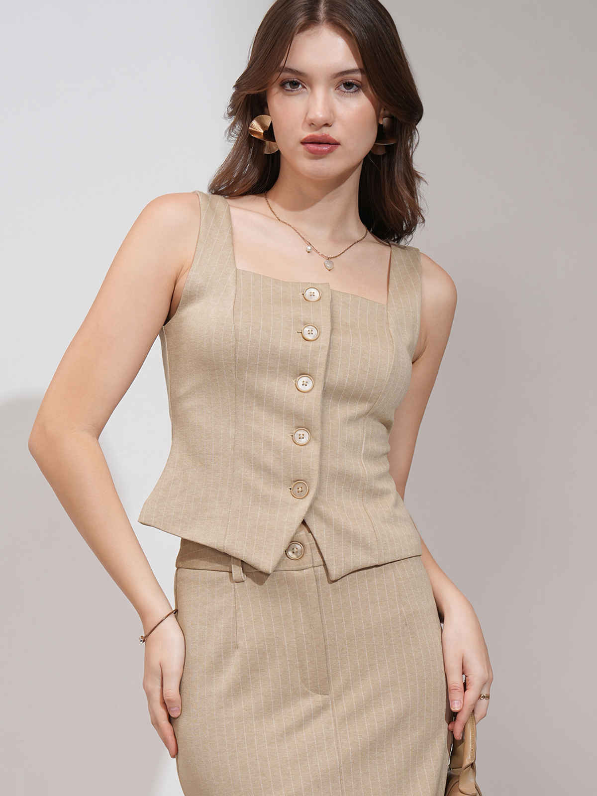 Tokyo Talkies Women's Pinstriped Vest & Midi Column Skirt Set | Beige - L