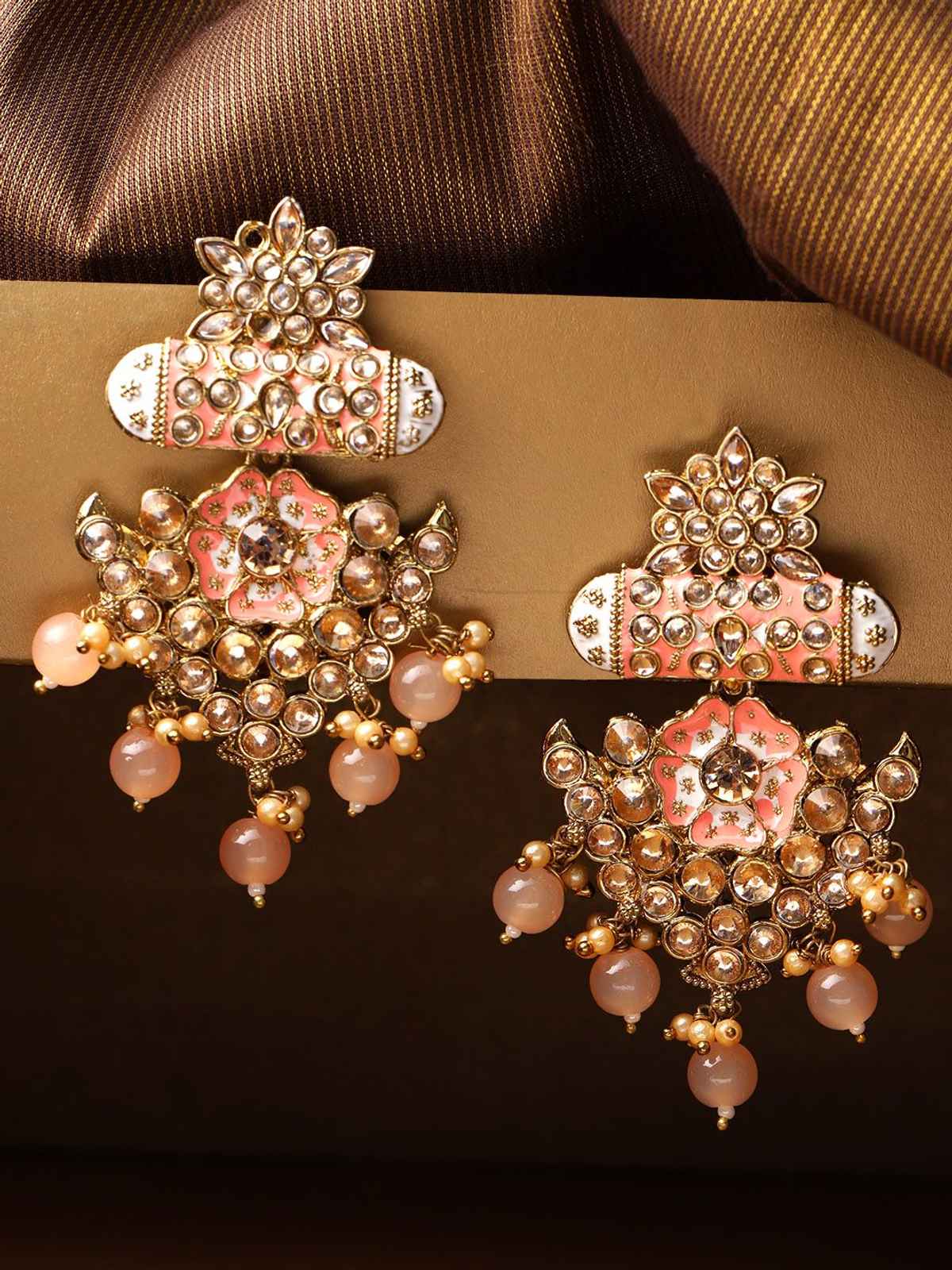 Priyaasi Gold-Plated Stone Studded Meenakari Earrings with Beads Drop in Peach Color