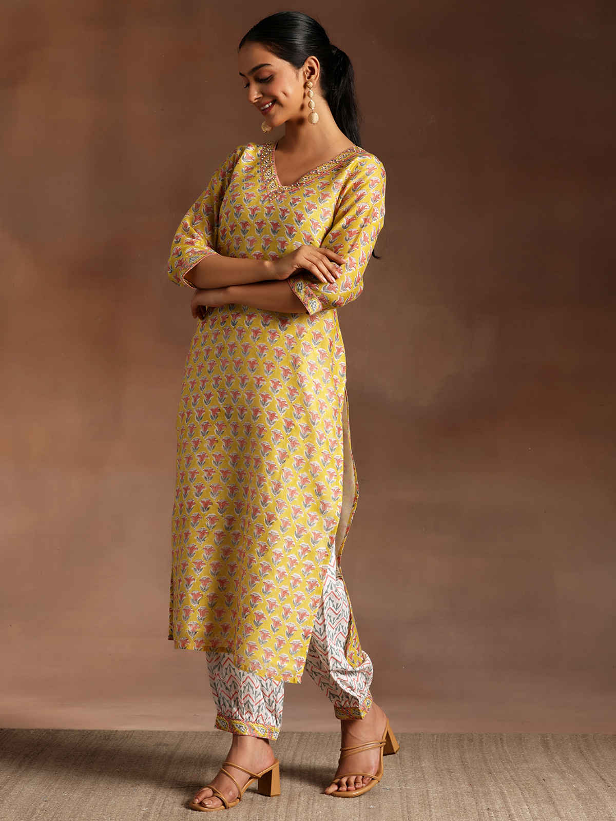 Libas Printed Cotton Straight Suit With Dupatta | 35922H | Yellow - S