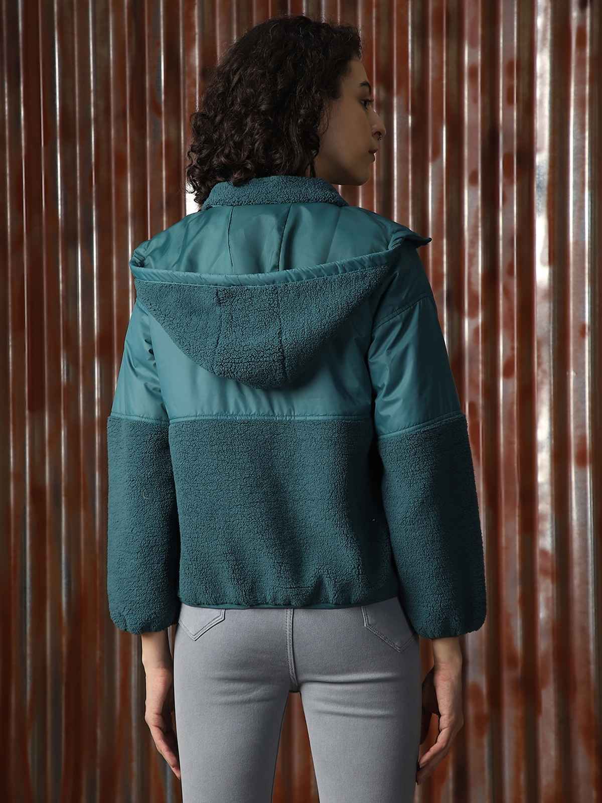 High Star Women's Self Design Shirt Collar Sweatshirt | Teal - L