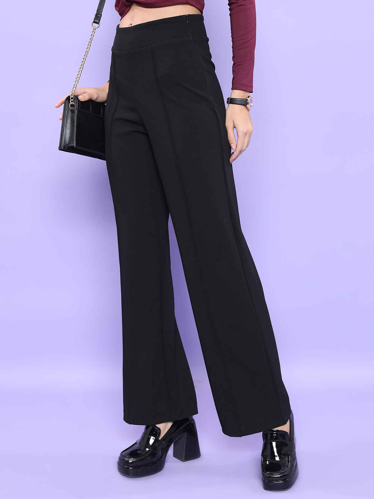 CHIC BY TOKYO TALKIES Women Flared Fit High-Rise Parallel Trousers | Black - 32