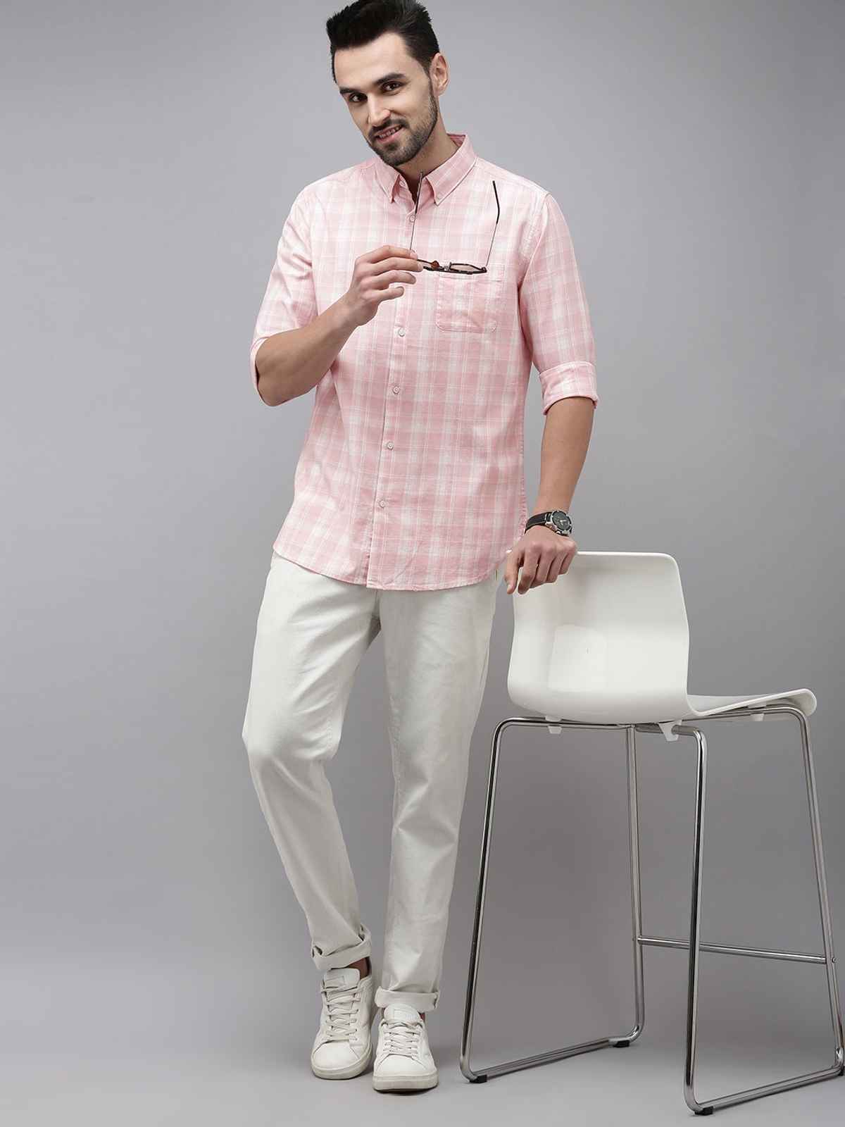 The Bear House Men Slim Fit Checked Button-Down Casual Shirt - Nimos | Pink | XL