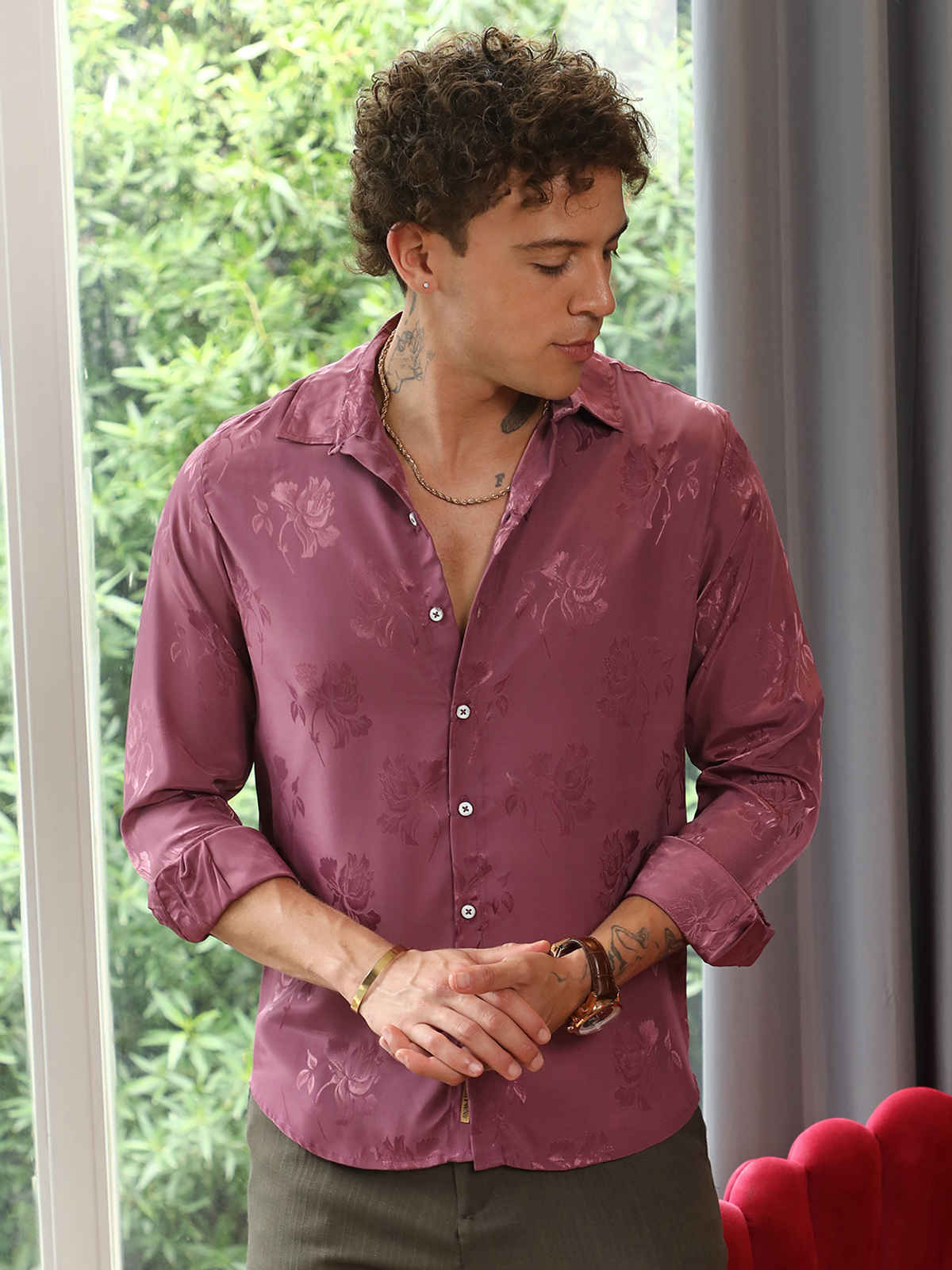 Campus Sutra Men's Self-Design Floral Shirt | Rouge Pink - M