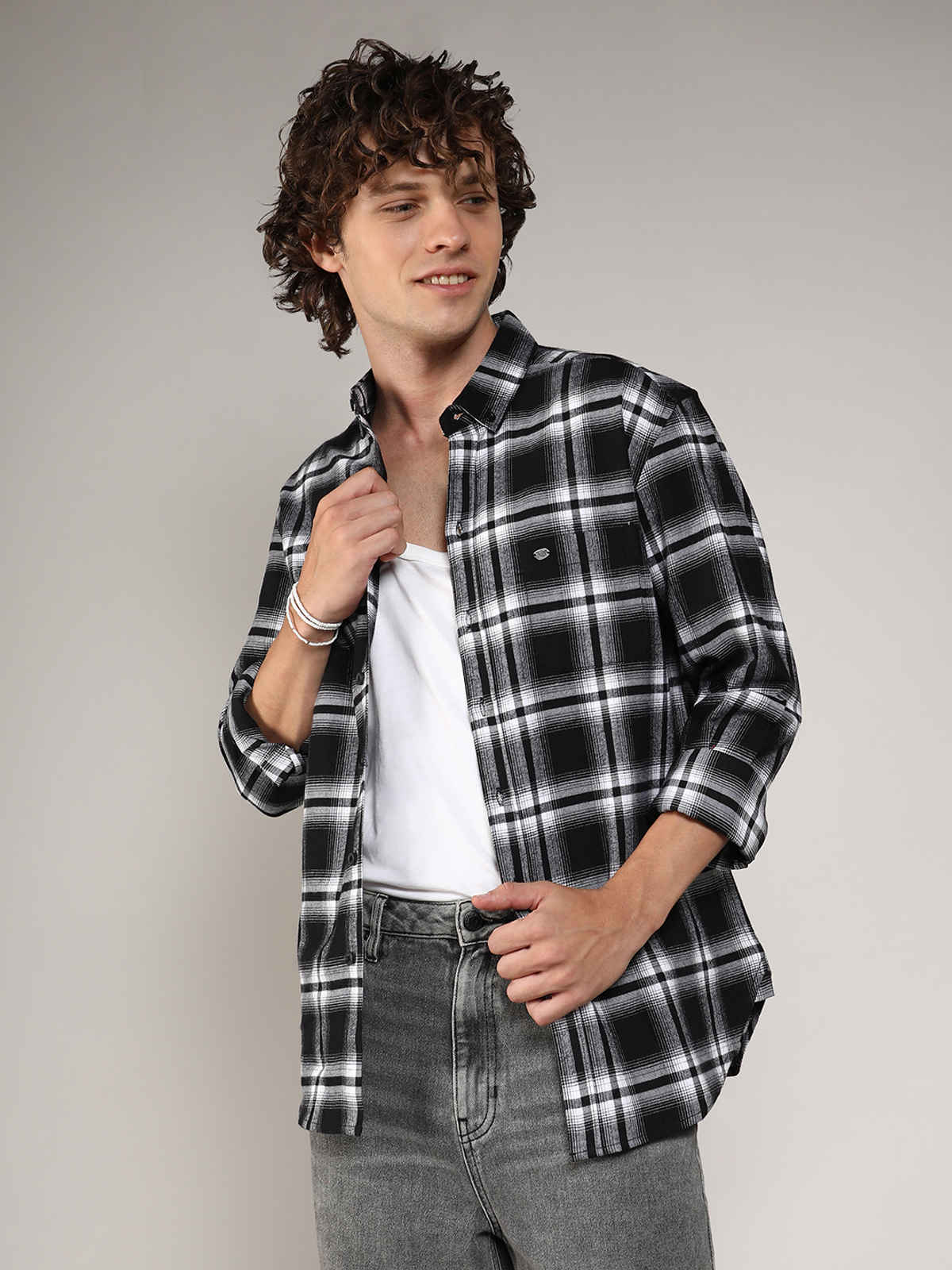 Campus Sutra Men's Brushed Buffalo Check Shirt | Midnight Black & Chalk White - M