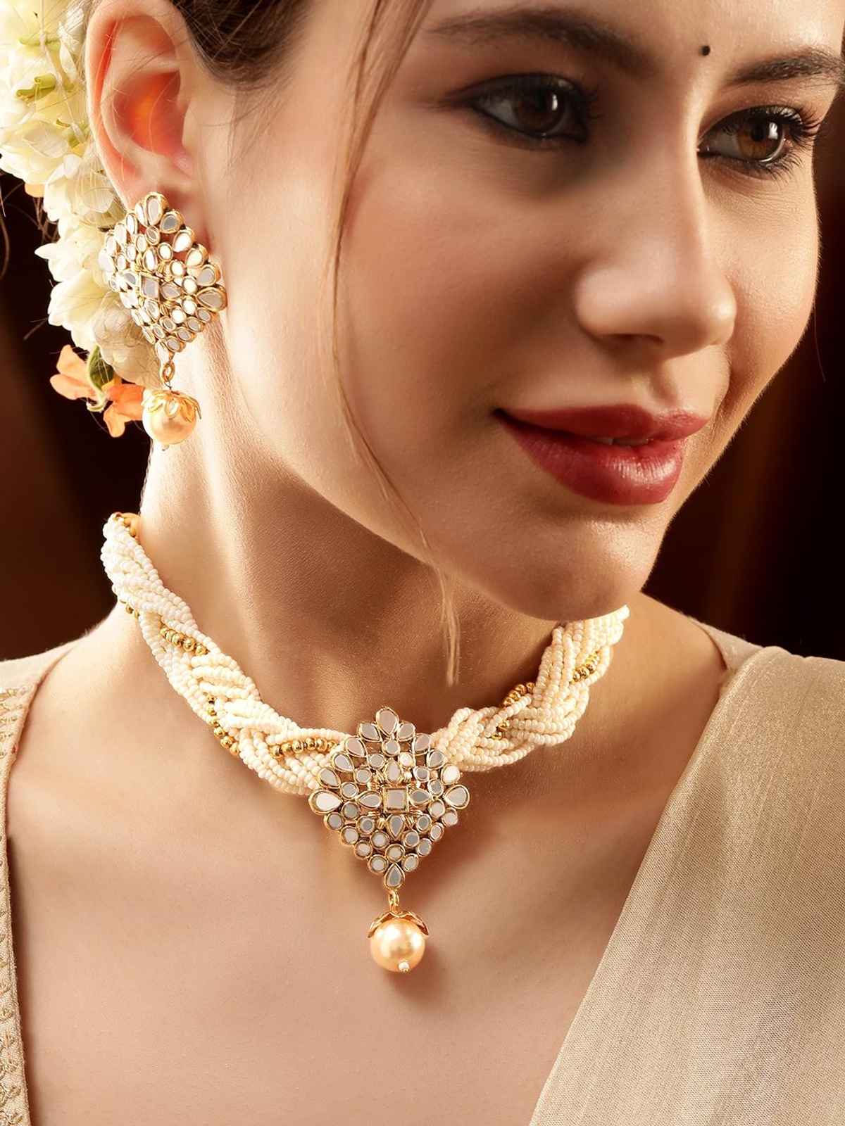 Rubans Gold-Plated Beaded Necklace Earrings