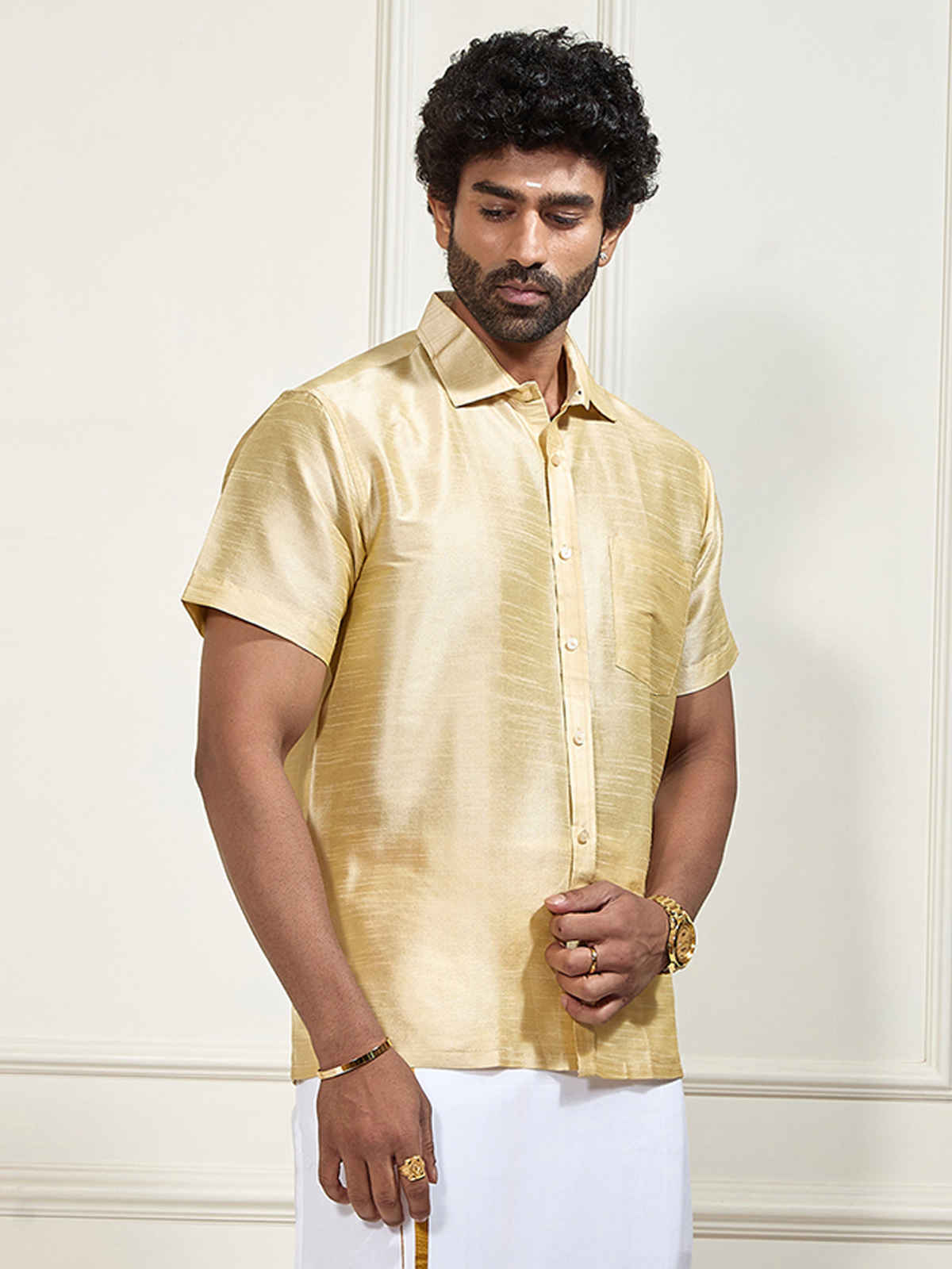 Vastramay Mens Silk Blend Casual Shirt | Golden Short Sleeve Festive Wear with Patch Pocket - L