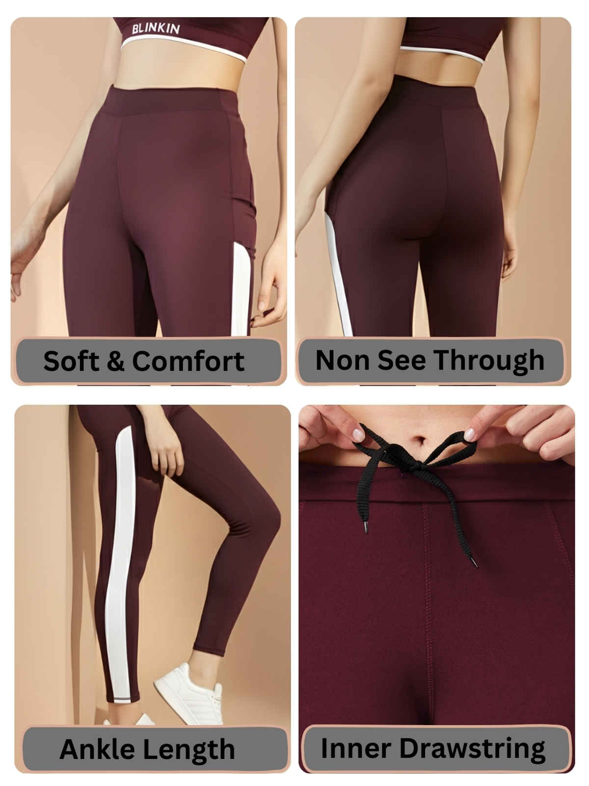Blinkin Women's Gym Tights & Pants - Maroon | Squat Proof | Active Wear | Yoga Pants | S