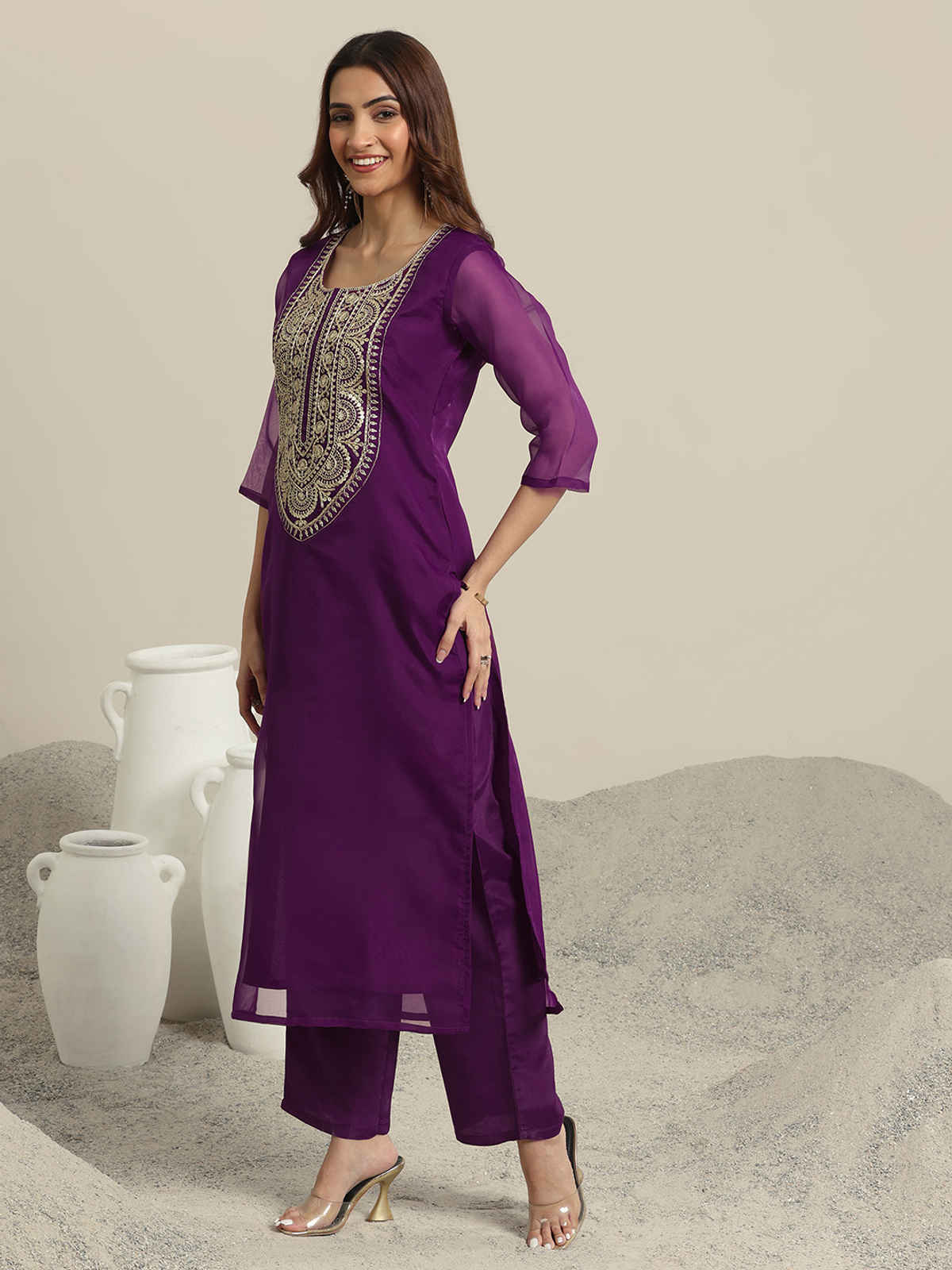 Libas Yoke Design Organza Straight Suit Set With Dupatta | 99366H | Burgundy - L