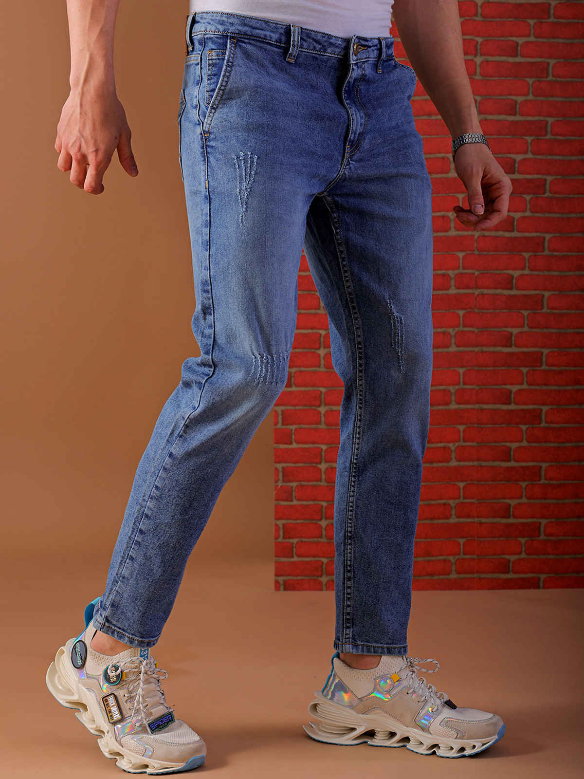 The Indian Garage Co Men's Slim Fit Solid Casual Textured Jeans | Blue - 36