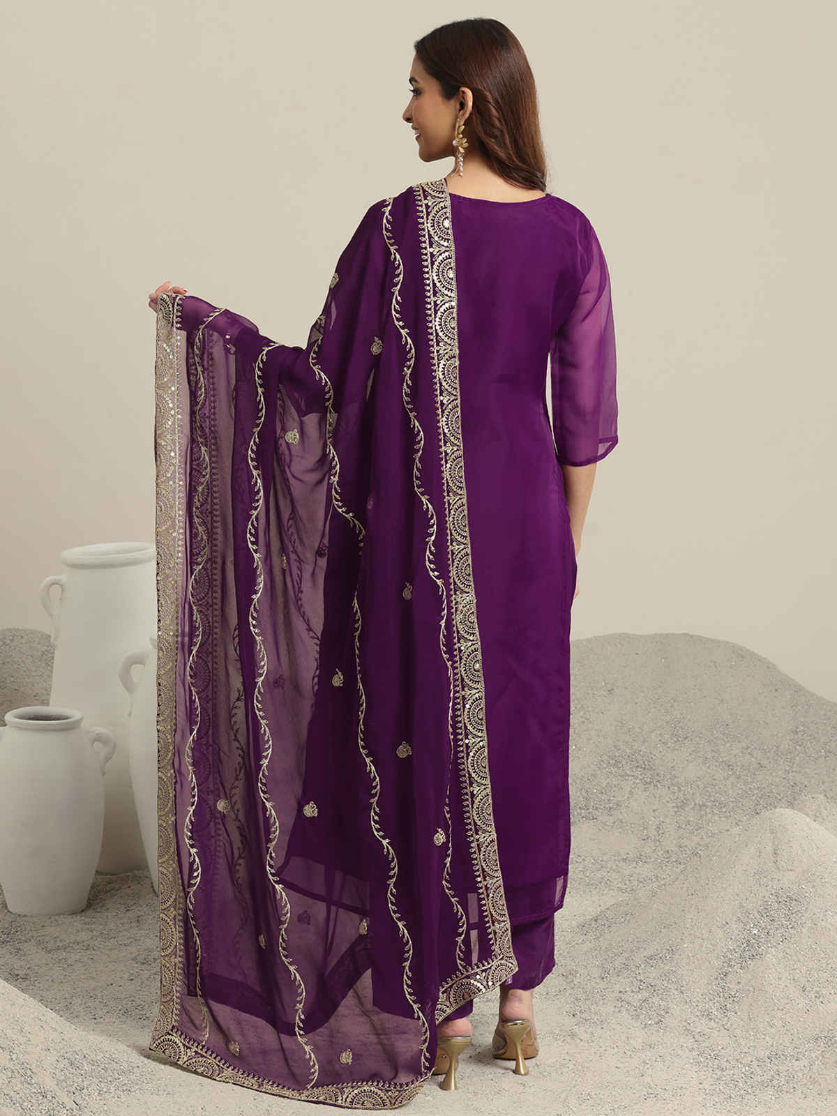 Libas Yoke Design Organza Straight Suit Set With Dupatta | 99366H | Burgundy - L