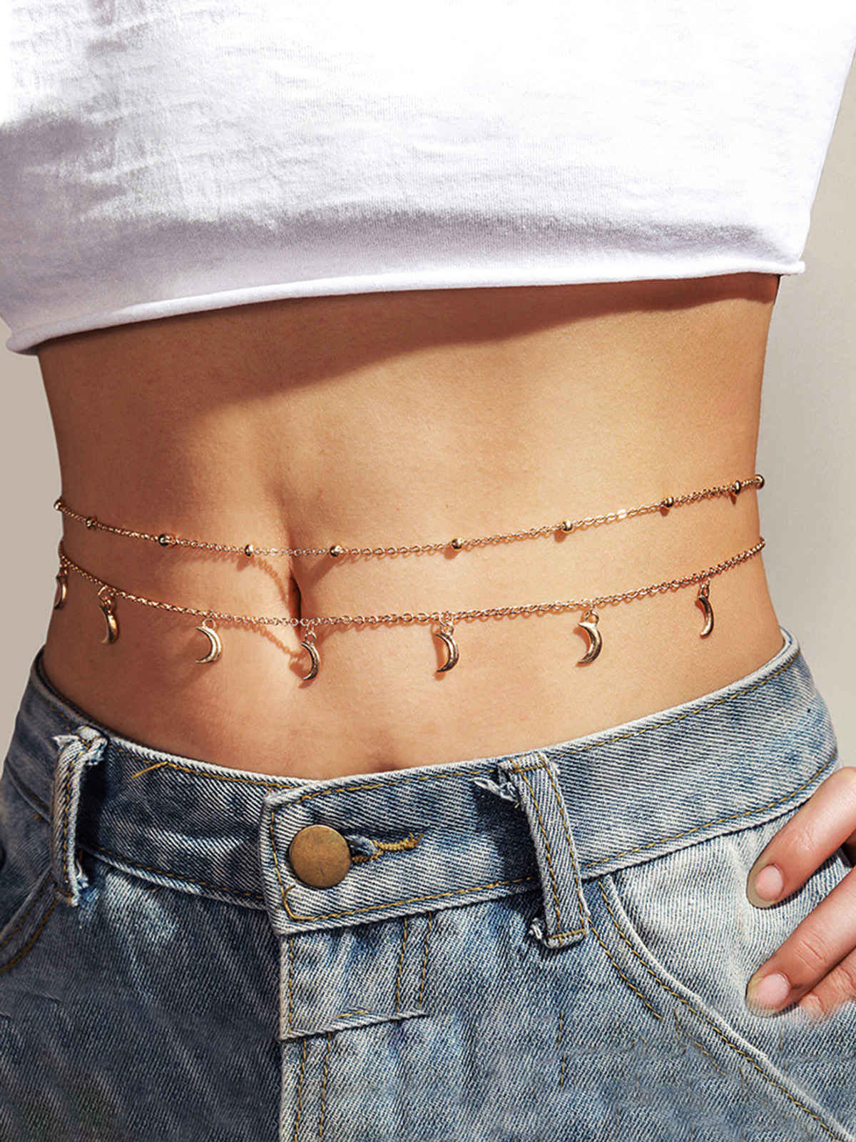 Unwind By Yellow Chimes Gold-Toned Multilayered Crystal Studded Moon Charm Waist Chain