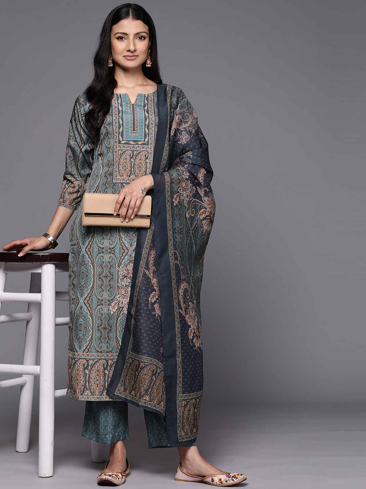 Libas Printed Crepe Straight Kurta With Trousers & Dupatta | 34211R | Blue - L