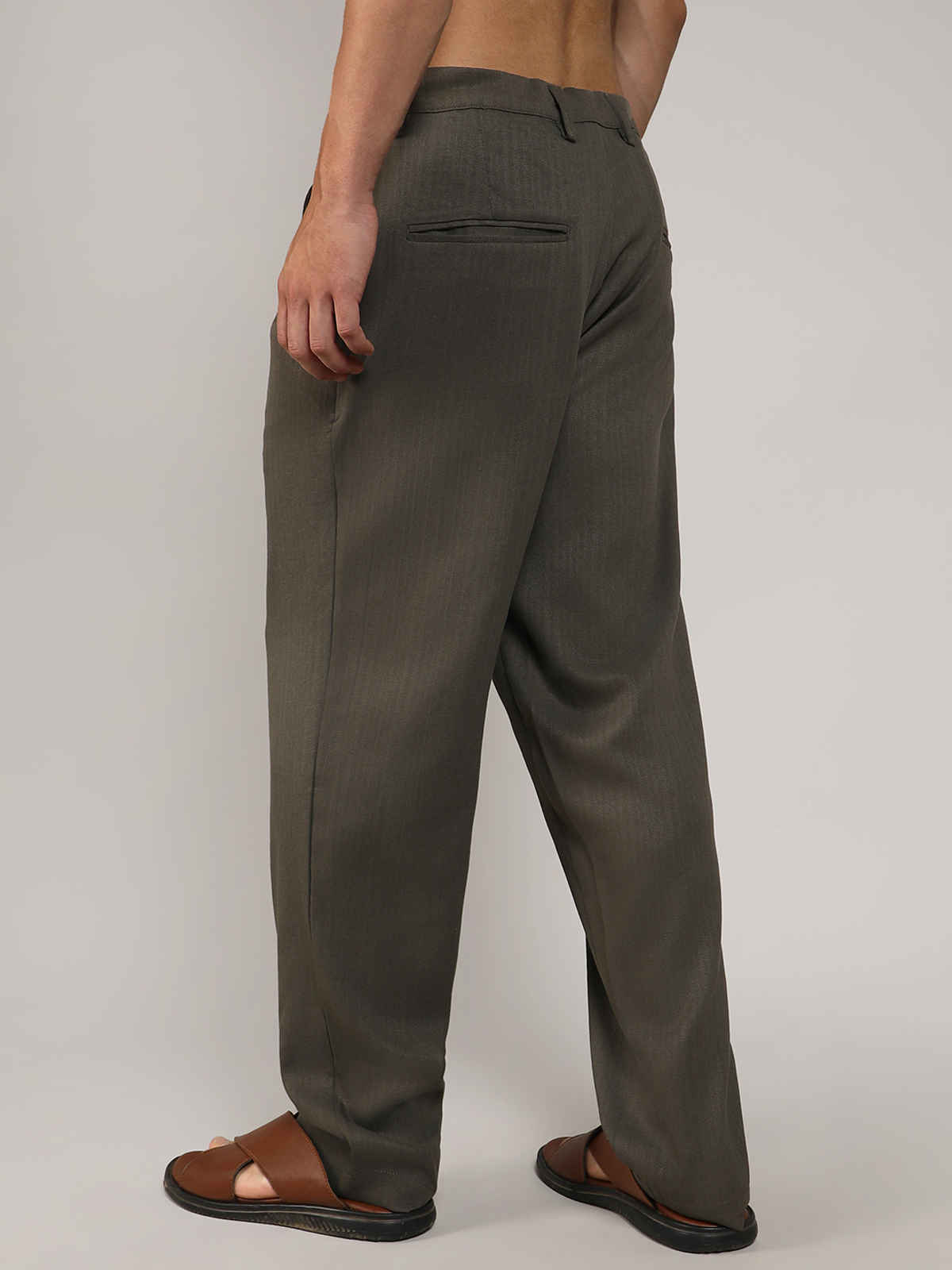 Campus Sutra Men's Tailored Linen-Blend Trousers | Olive Green - 30