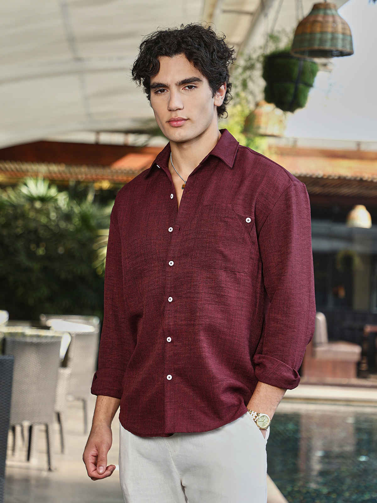 Campus Sutra Men's Modular Solid Oversized Shirt | Wine Red - S