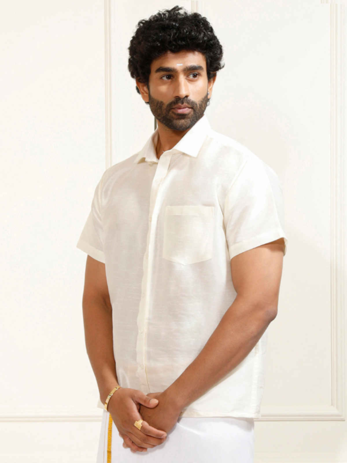 Vastramay Mens Silk Blend Casual Shirt | Cream Short Sleeve Elegant Fit with Patch Pocket - L