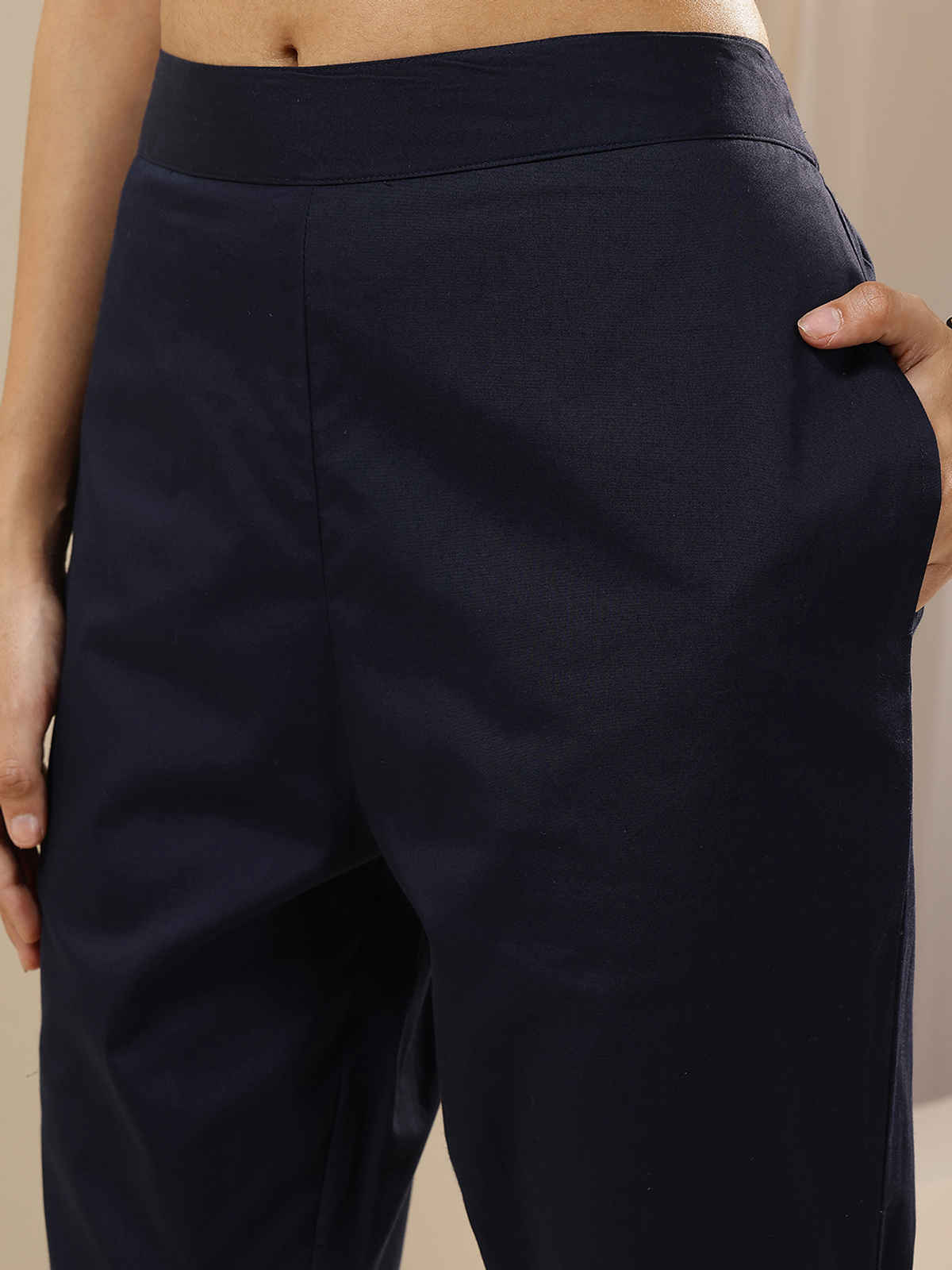 Libas Women's Self Design Cotton Trousers | PL1641 | Blue - M