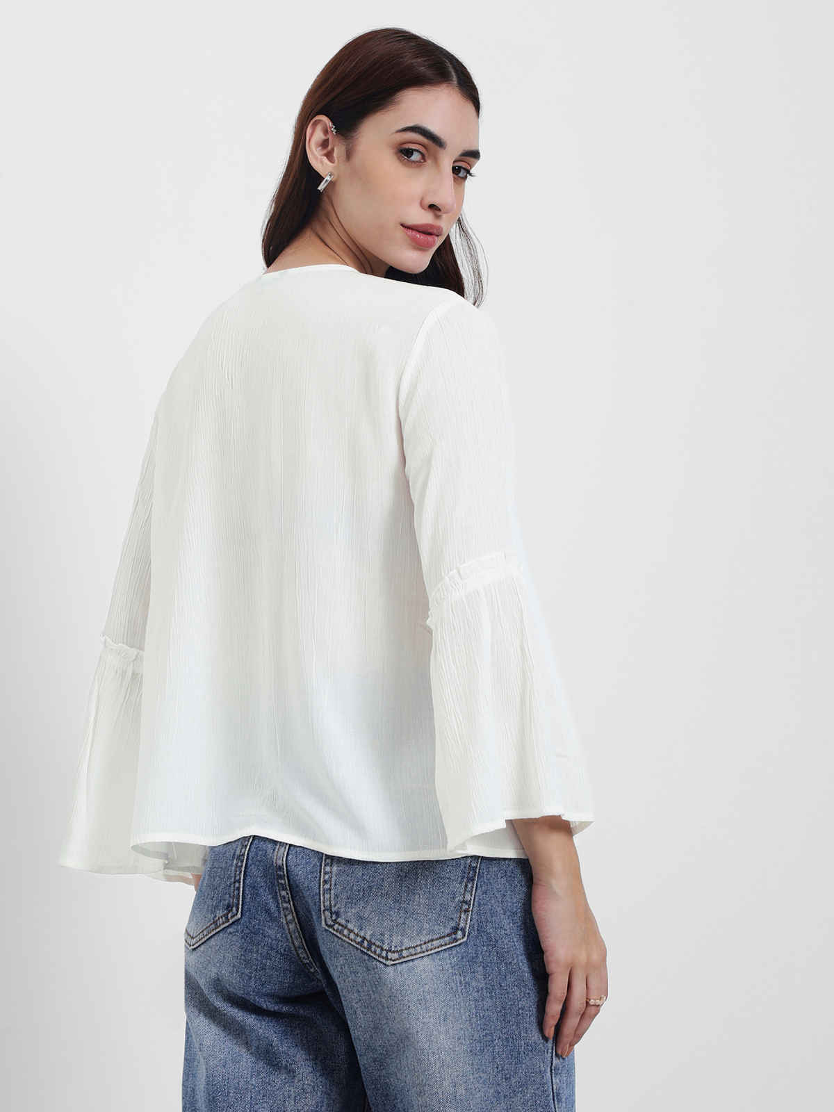 Styli Women's A-Line Top with V-Neck and Bell Sleeves | White - M