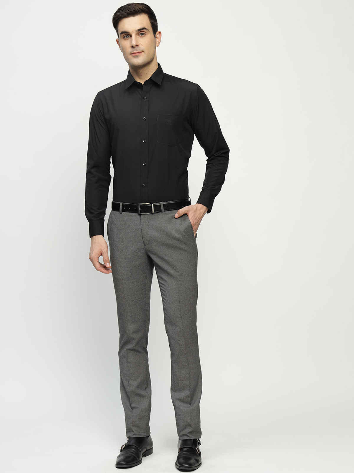 English Navy Men's Polyester Solid Slim Fit Formal Shirt | Black - L