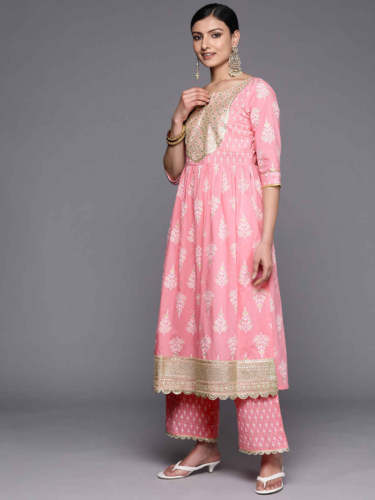 Libas Yoke Design Cotton Anarkali Kurta With Palazzos & Dupatta | 34251R | Pink - M