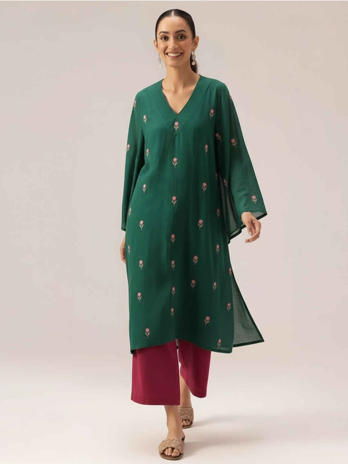 GoSriKi Women's Rayon Viscose A-Line Printed Kurta with Palazzo | Qushi Green | M