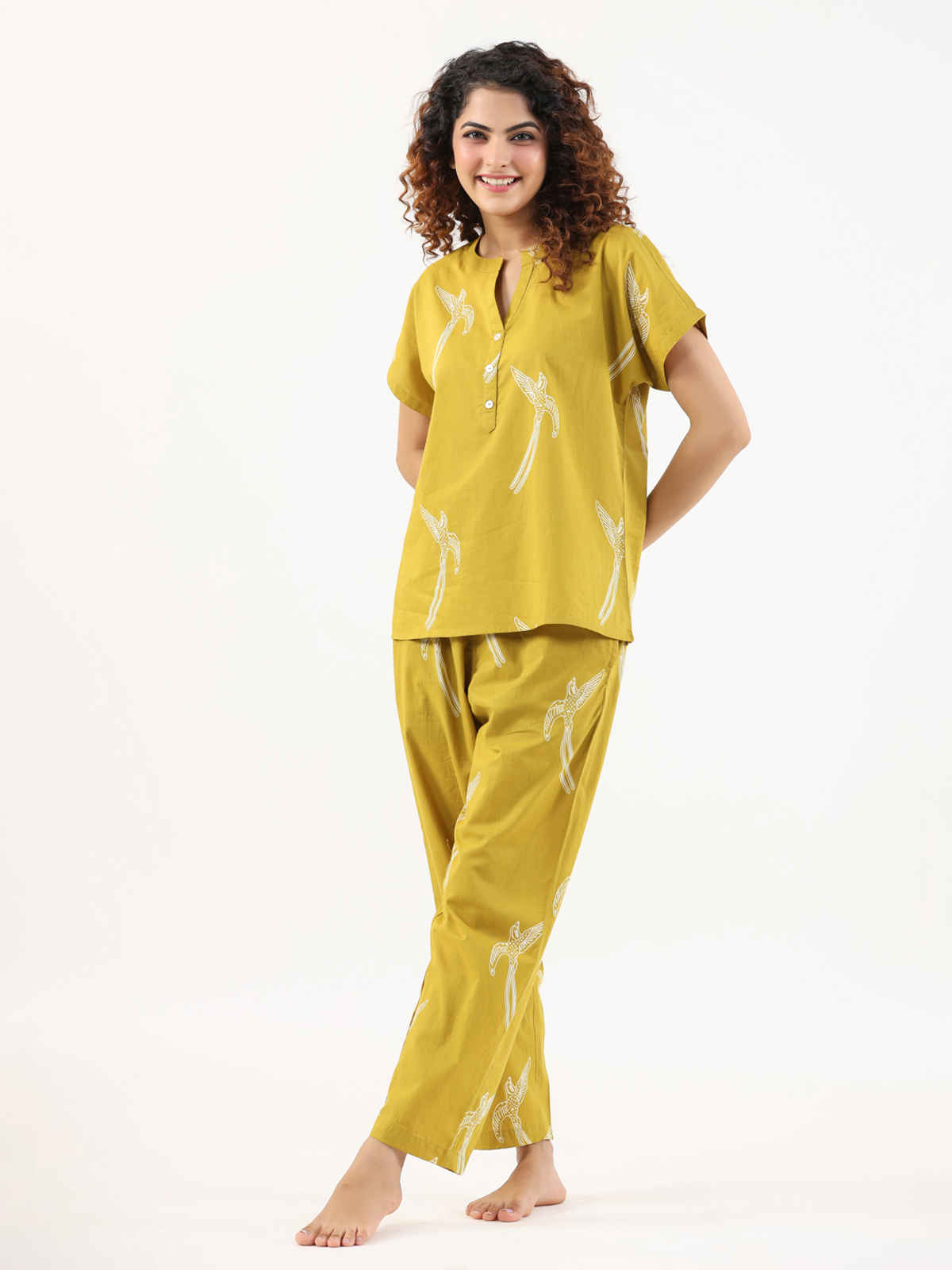 Sanskrutihomes Graphic Printed Pure Cotton Night Suit | Yellow - S