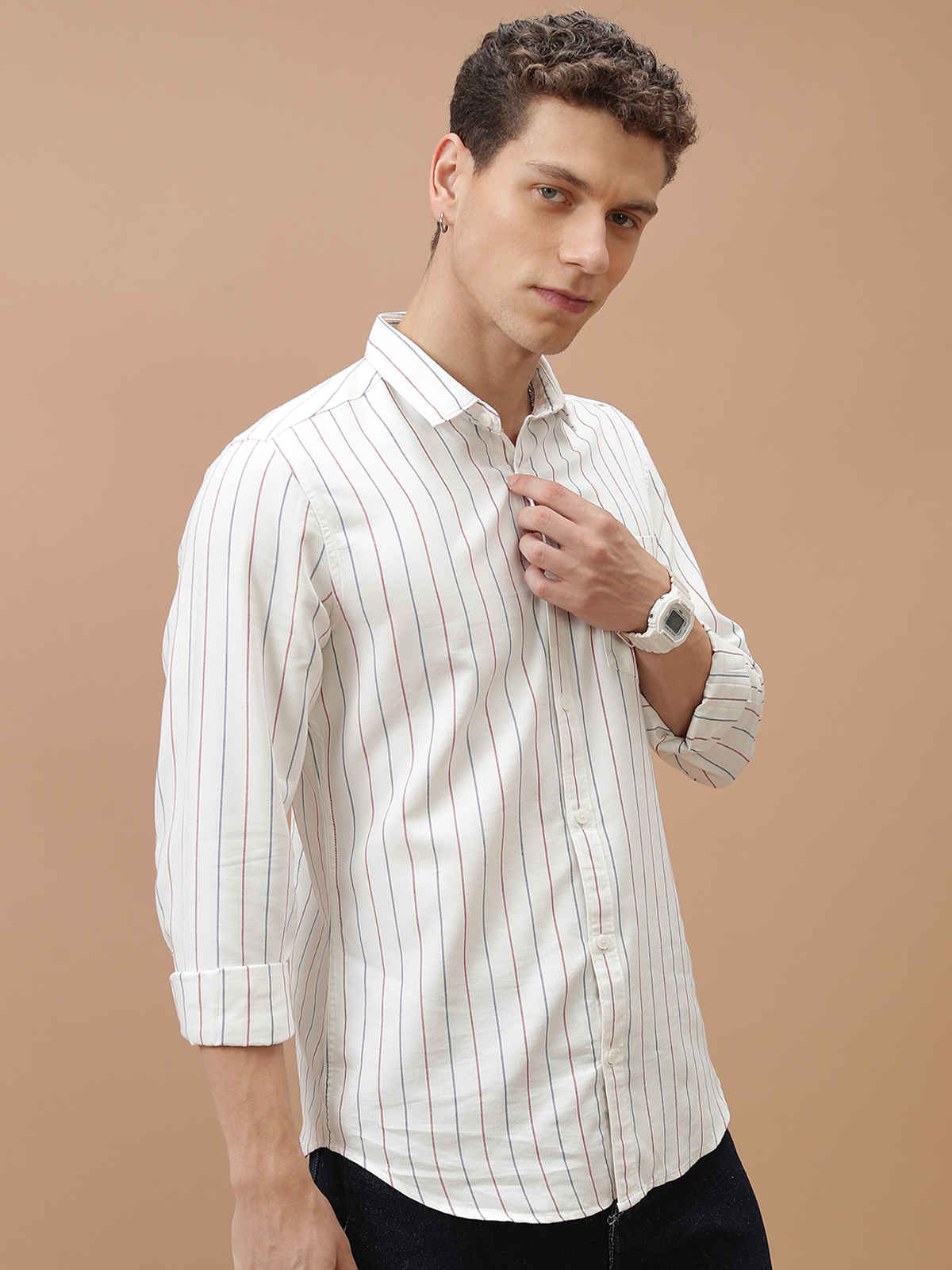 HIGHLANDER Men's Striped Slim Fit Opaque Cotton Casual Shirt | White, Blue and Red - S