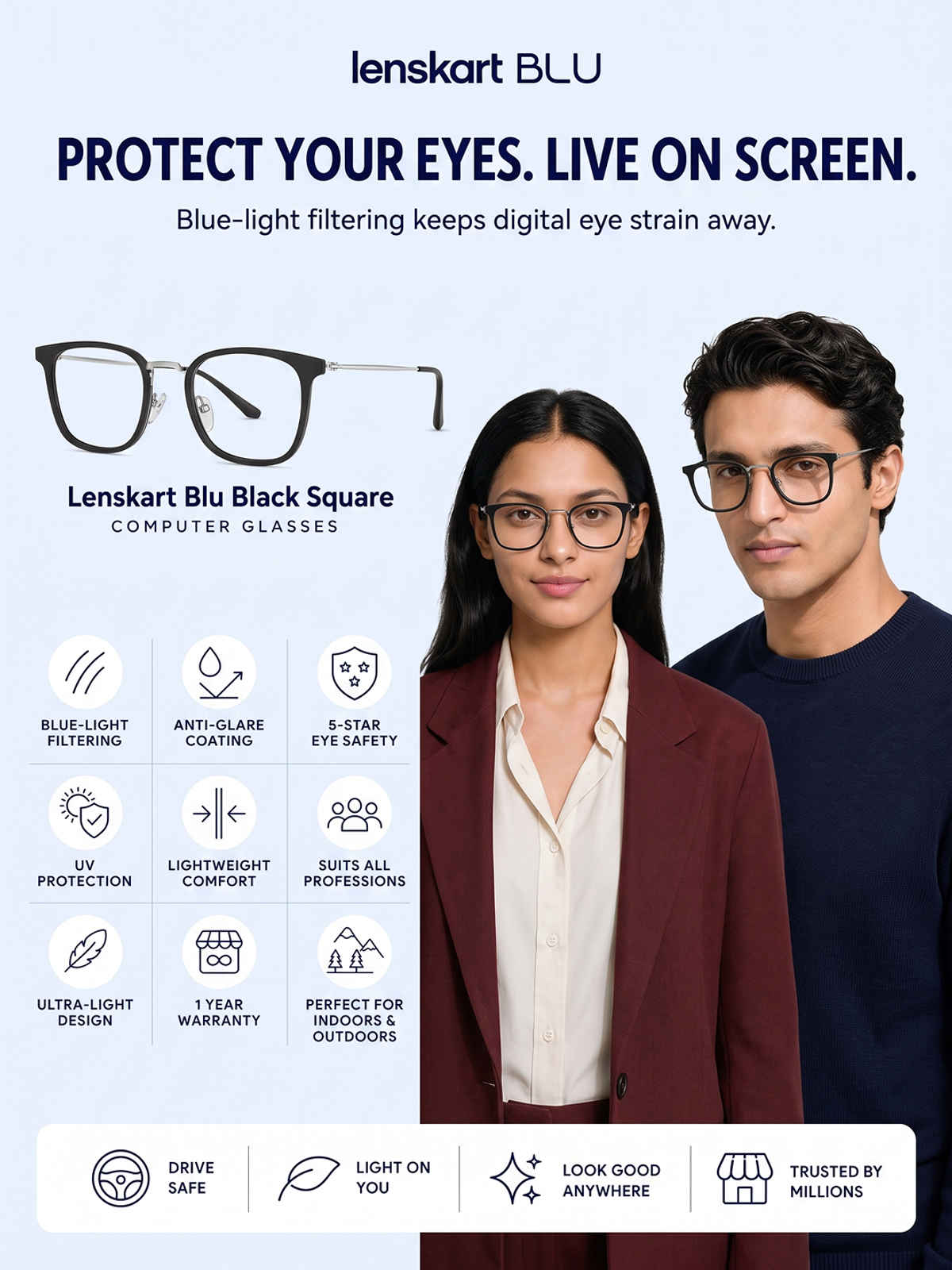 Lenskart Blu | Zero Power Computer Glasses | Blue Ray Protection | Square | Medium-136mm | Black