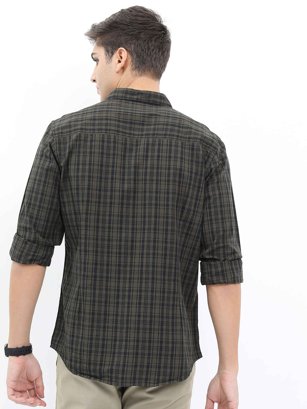 Highlander Men's Slim Fit Checked Casual Shirt - Olive and Black | S
