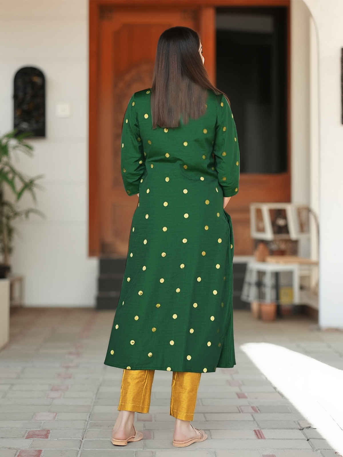 GoSriKi Women's Rayon Blend Straight Polka-Dot Kurta with Pant & Dupatta | SDF | Green - L