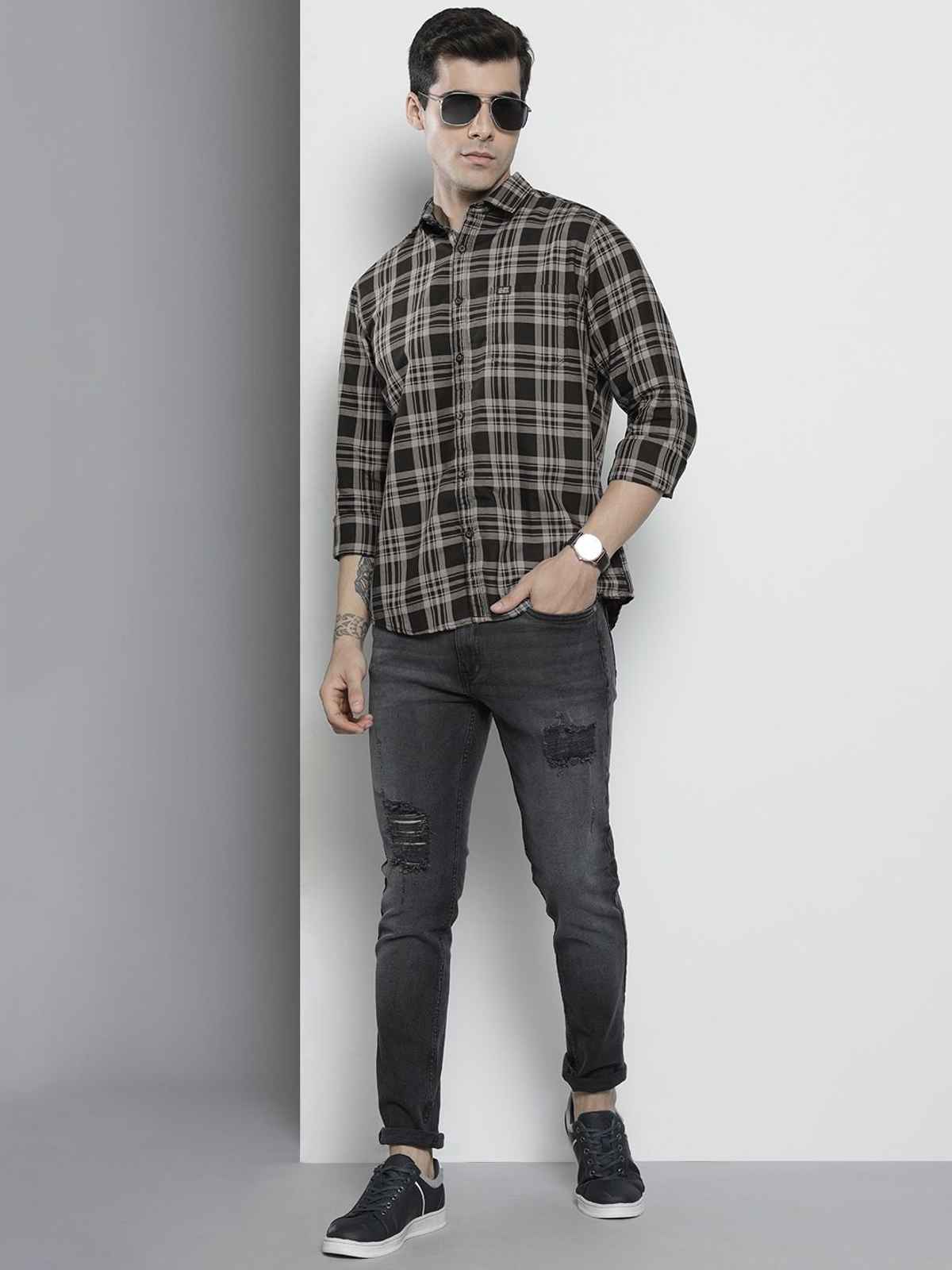 The Indian Garage Co Men's Regular Fit Checked Casual Shirt | Black - M