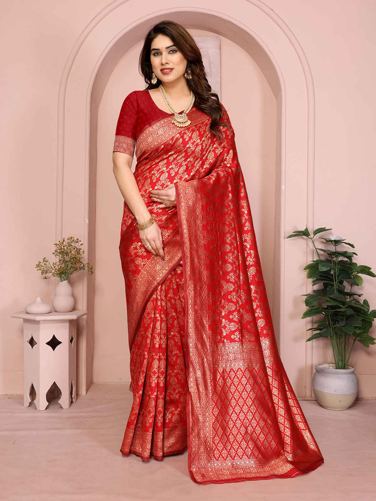 Hema Silk Mills Women Woven Banarasi Silk Blend Saree | Red
