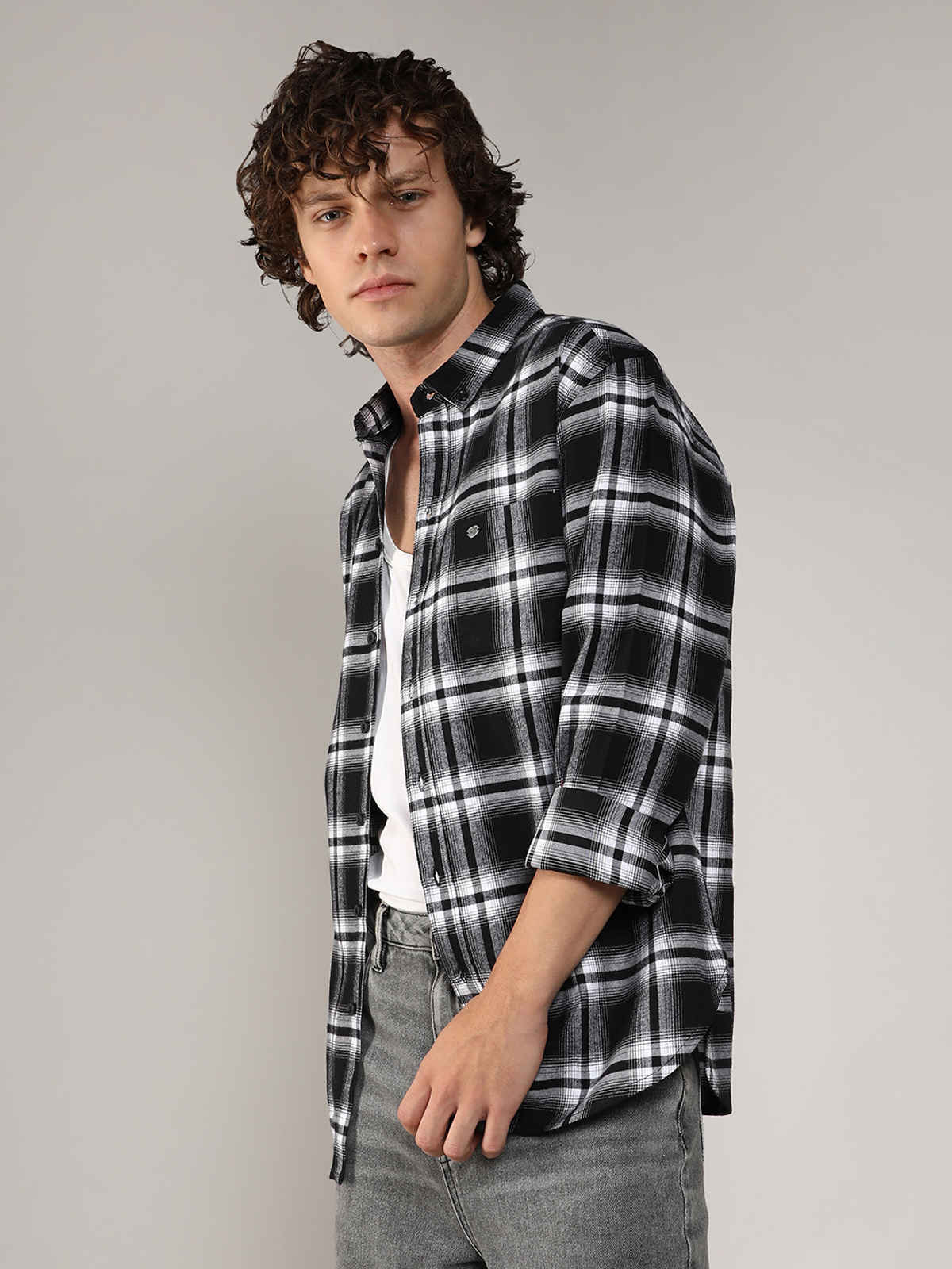 Campus Sutra Men's Brushed Buffalo Check Shirt | Midnight Black & Chalk White - L