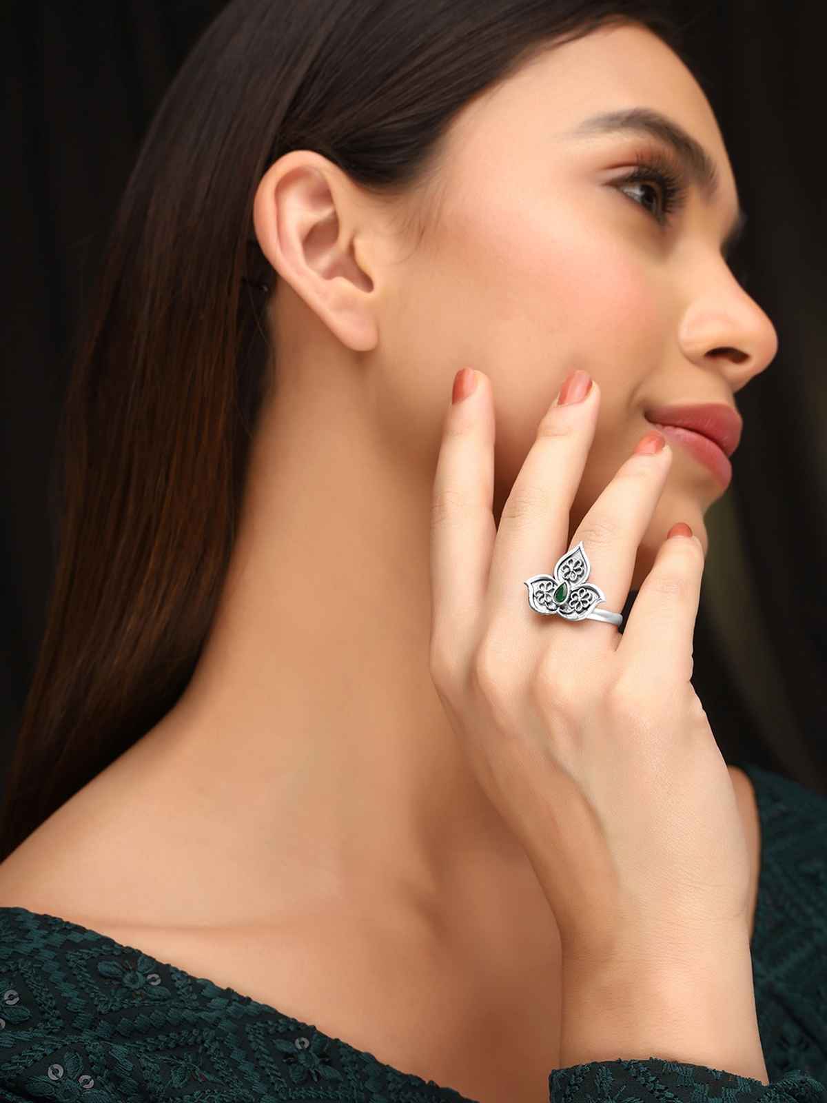 Priyaasi Silver Oxidised Green Stone Studded Ring