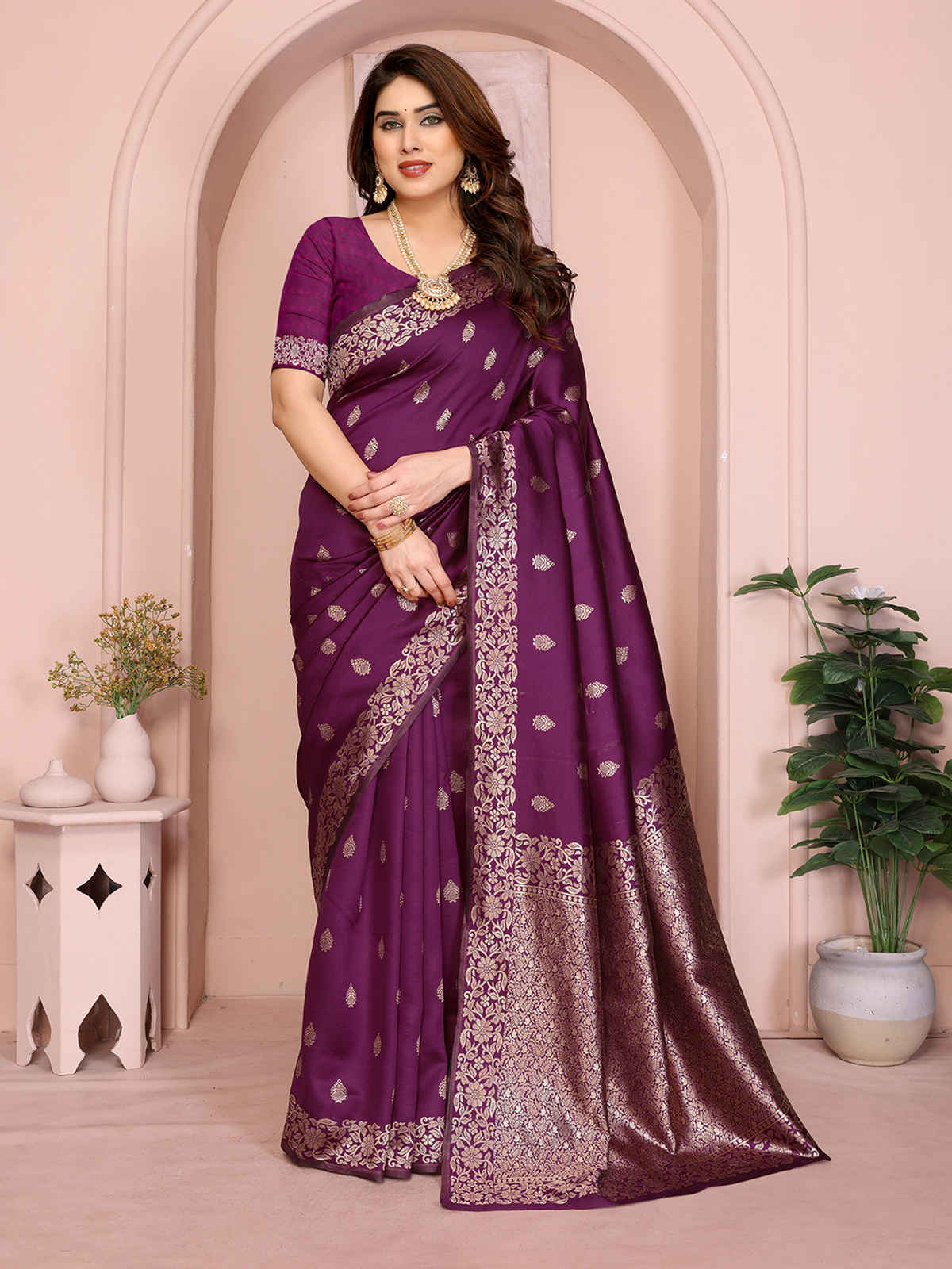 Hema Silk Mills Women Woven Banarasi Silk Blend Saree | Wine