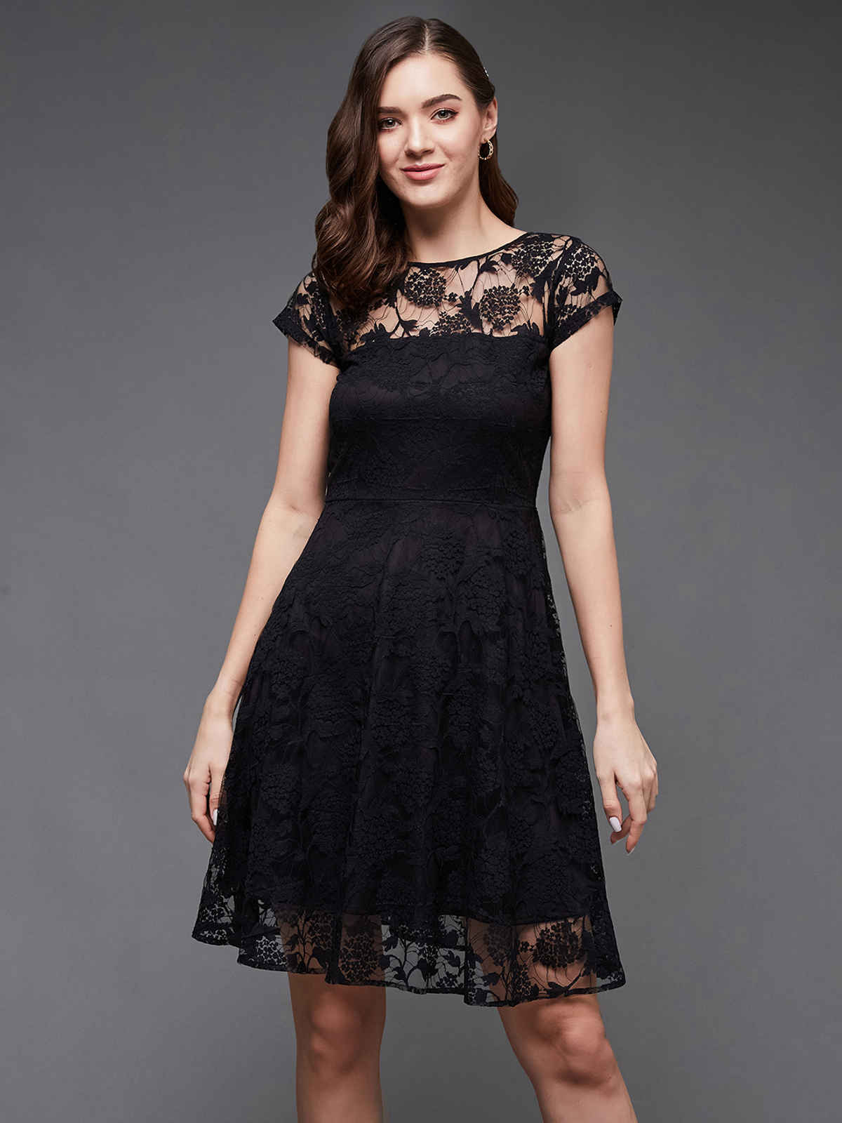 Miss Chase Women Round Neck Cap Sleeves Low Back Lace Skater Dress | Black | S