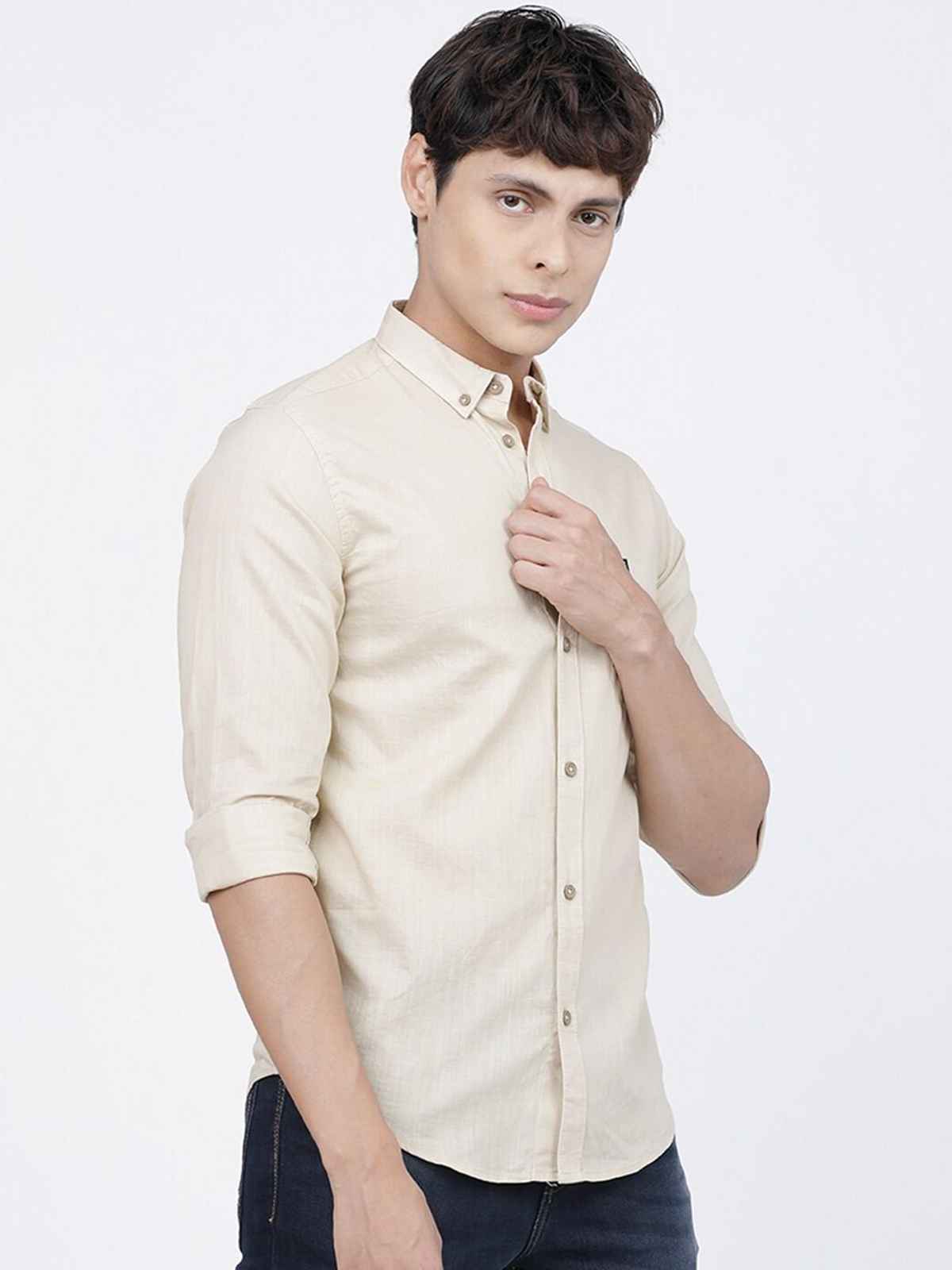 The Indian Garage Co Men's Slim Fit Solid Casual Shirt | Light Beige - L