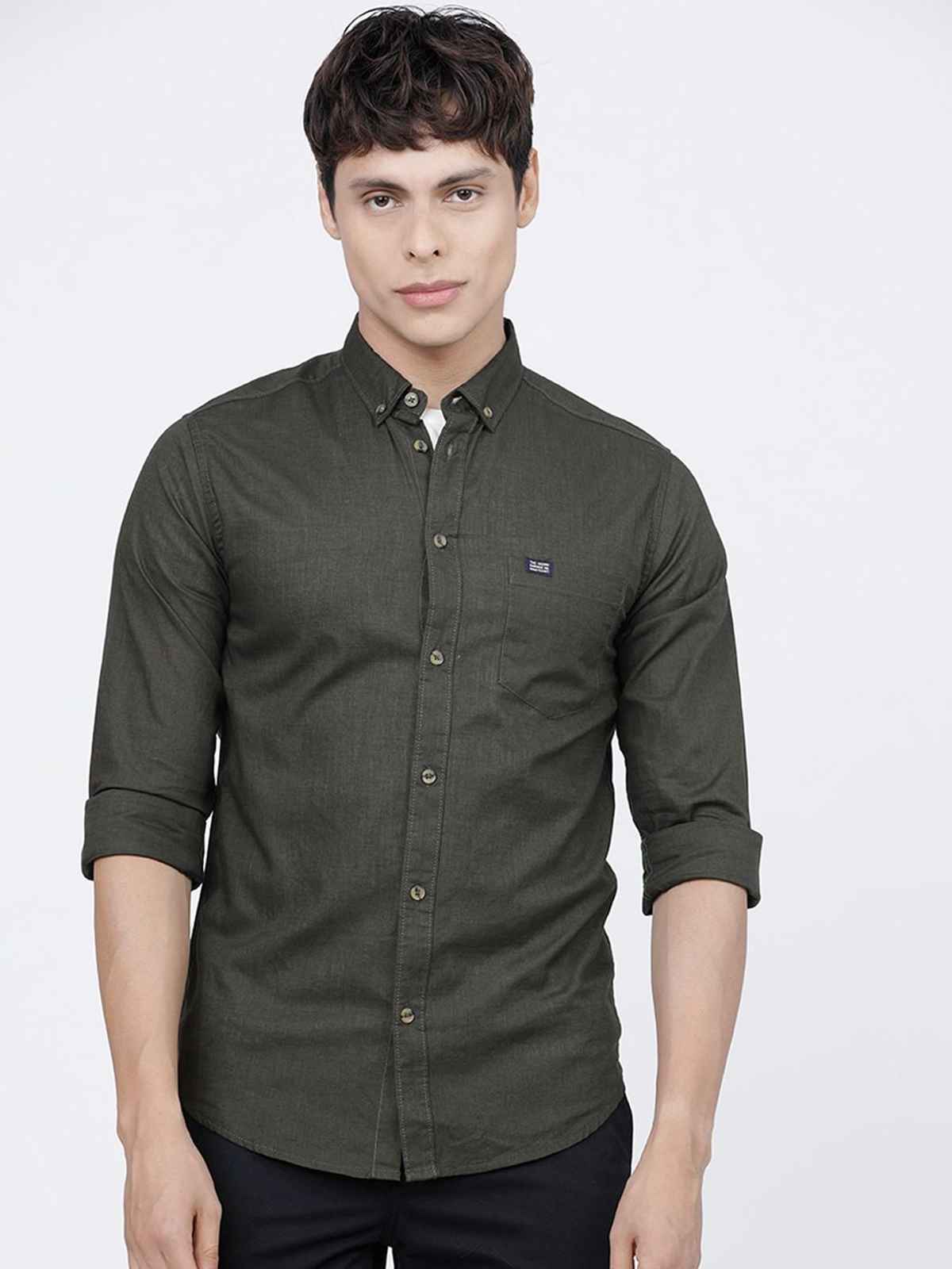 The Indian Garage Co Men's Slim Fit Solid Casual Shirt | Olive - XL