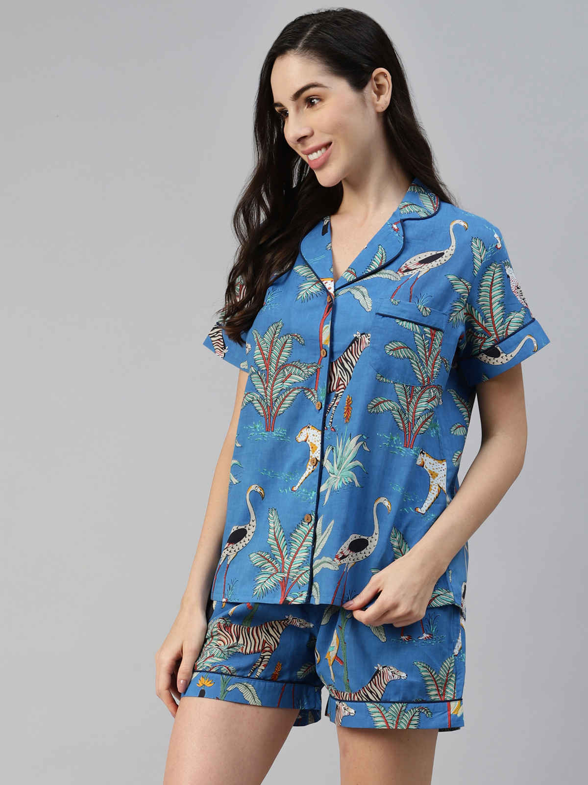 Divena Cotton Quirky Print Women's Night Suit | DK0216 | Teal Blue - L